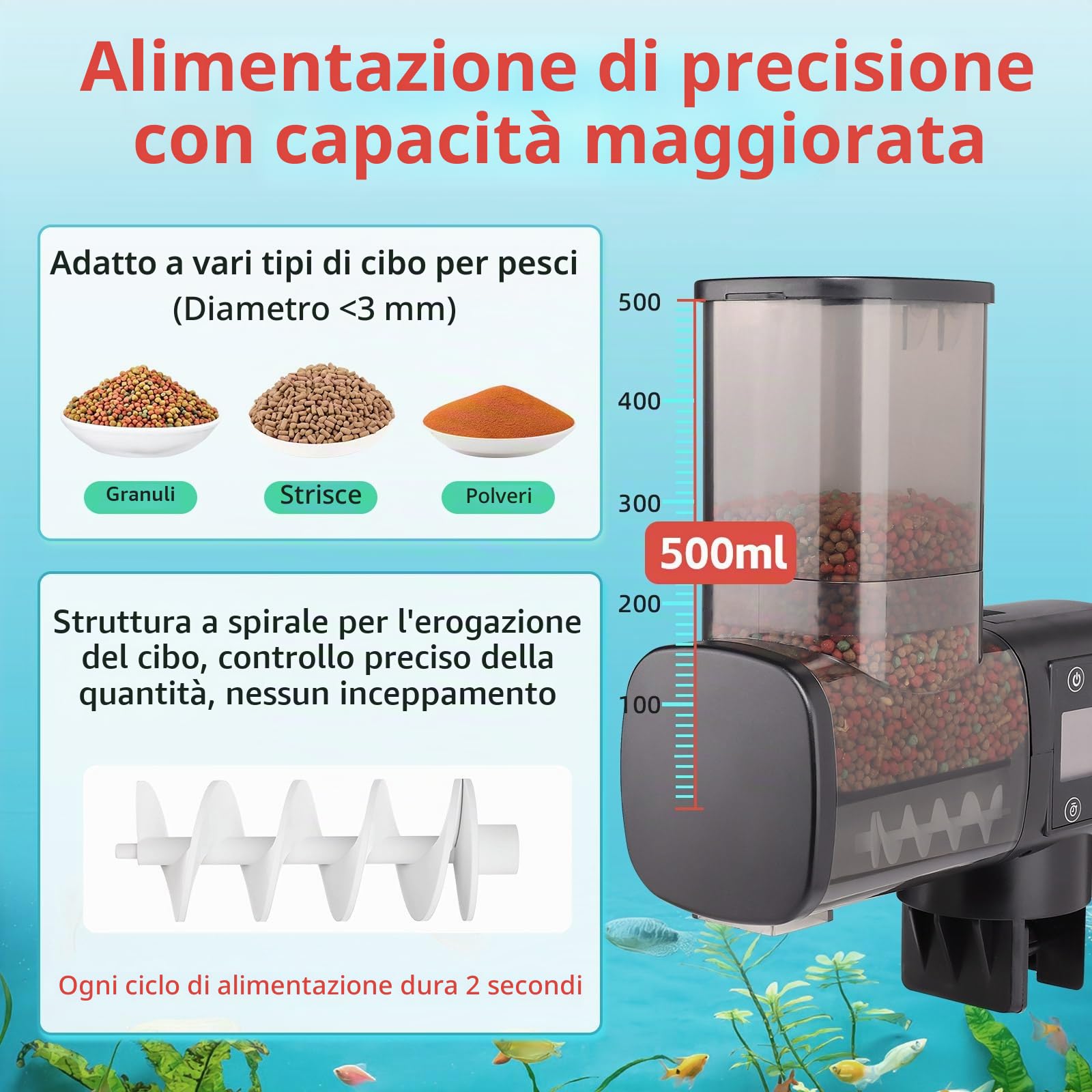 hygger Mangiatoia Automatica Acquario Pesci,500ml Alimentatore Automatico per Acquario con Display LCD Controller, Automatic Fish Feeder for Weekend Holiday(Battery Not Included)