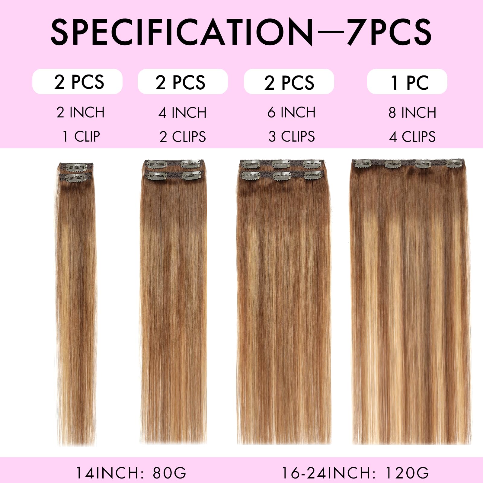 Extension Capelli Veri Clip 7pcs 80g 35cm (14Inch, 4/4/27#) Lisci Invisibili Remy Umani Human Hair