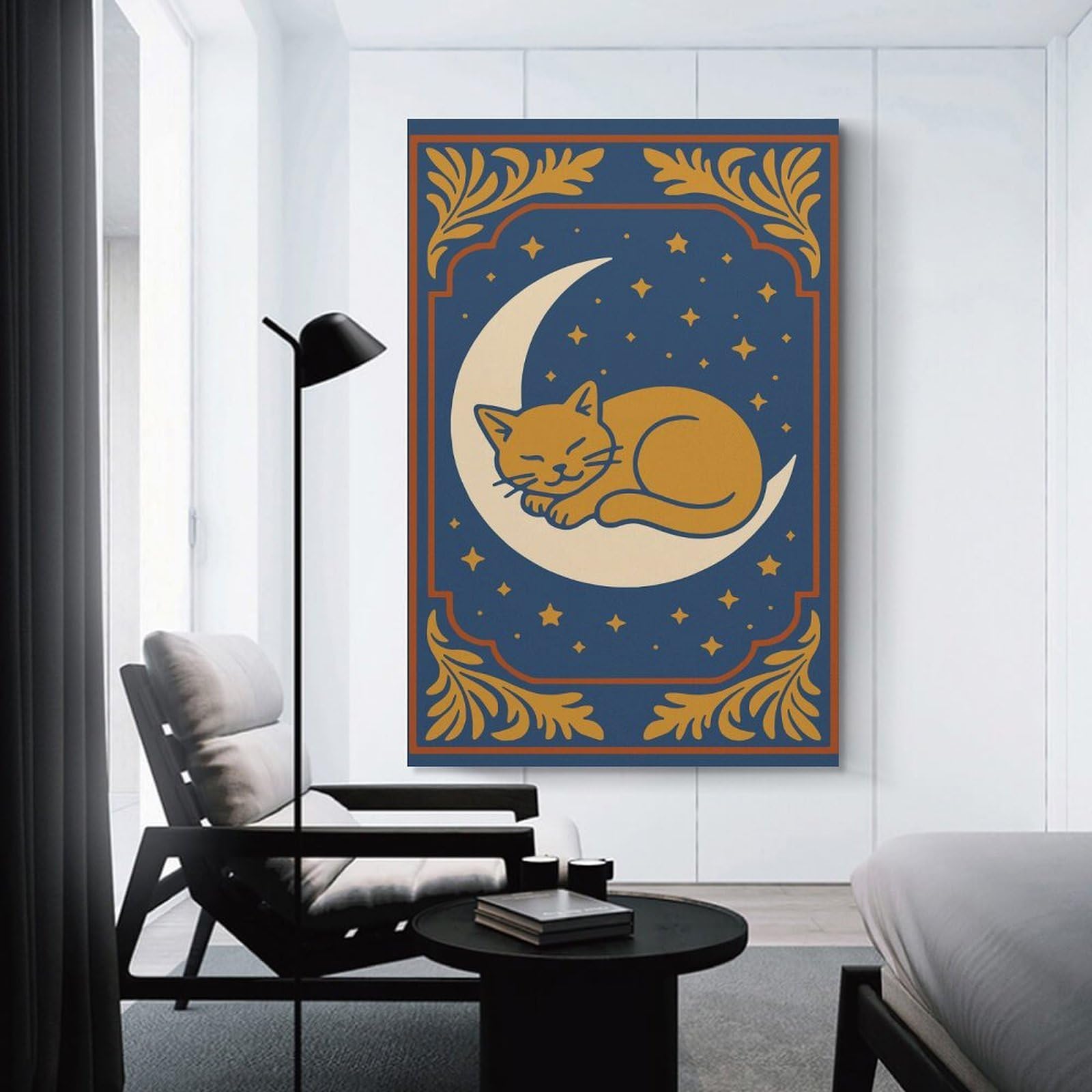 Junmoney Sleeping Cat on Moon Art Canvas Wall Picture, 20x30inch(50x75cm), for Sofa Walls, Lounge Or Home Corners, Modern Wall Decor for Cosy Interiors