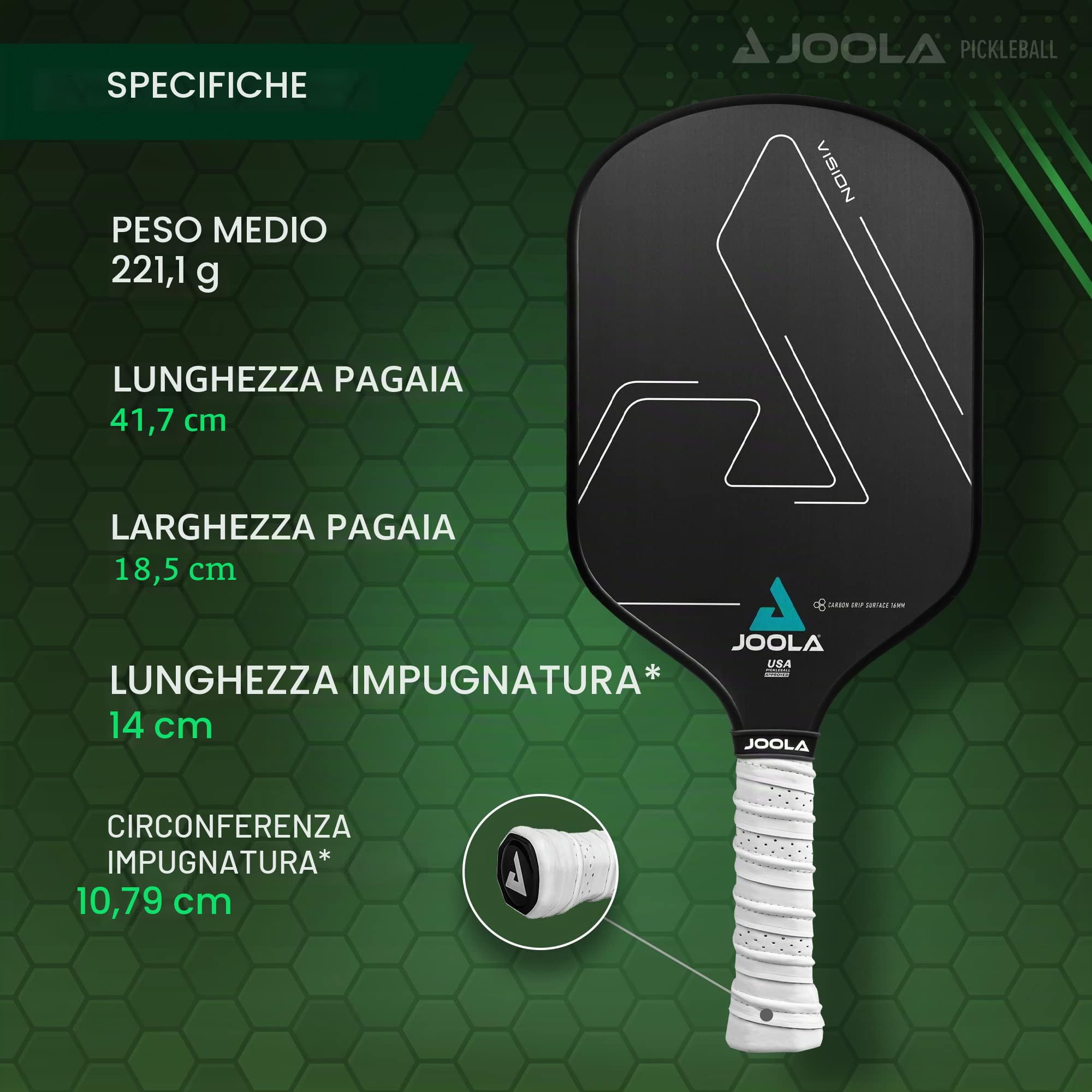 JOOLA Vision - Racchetta da pickleball con superficie testurizzata in carbonio per la massima rotazione e controllo con maggiore potenza, in polipropilene a nido d'ape, disponibile in 14 mm e 16 mm