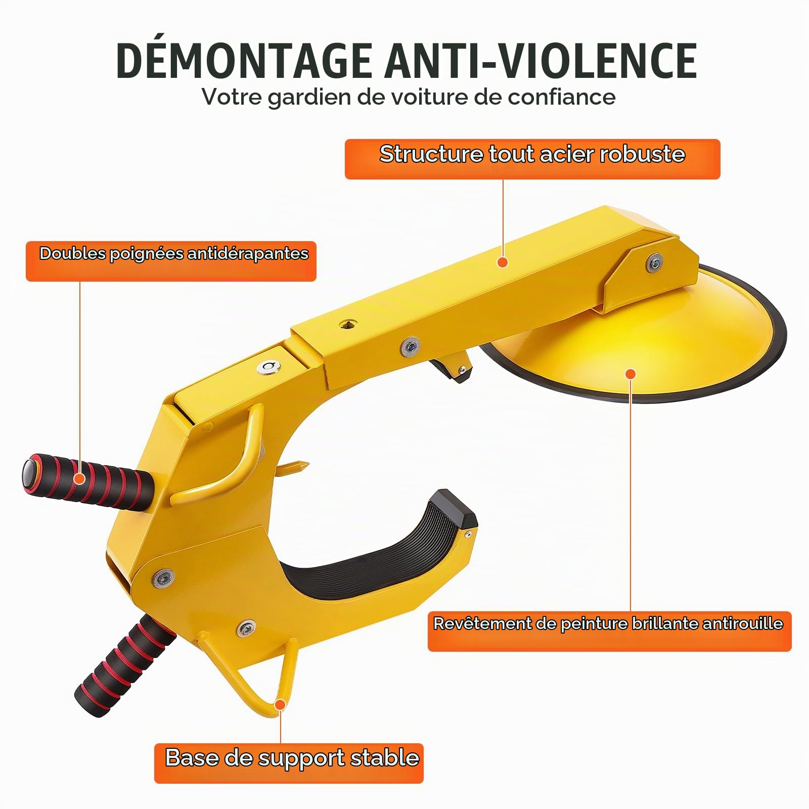 VEVOR Antivol Voiture Universel Sabot de Roue Antivol 16-38 cm Bloque-Roue en Acier Q235 Robuste Grande Ventouse de 30 cm 2 Clés Dispositif de Blocage de Roue pour Véhicules Caravanes Camions Moto SUV