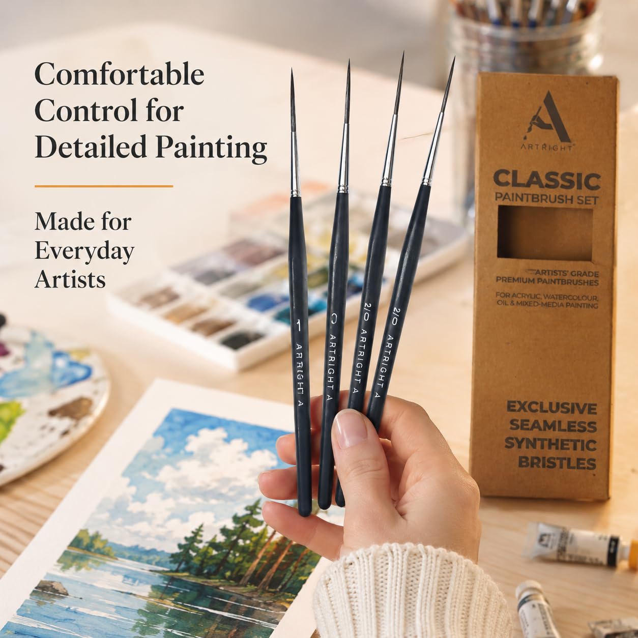 ArtRight Long Liner Detailing Brush Set of 4 - Professional Artist Painting Brush Set for Acrylic, Miniature, Nail Art, Model, Idol Painting (Set of 4 Paintbrush Wood)