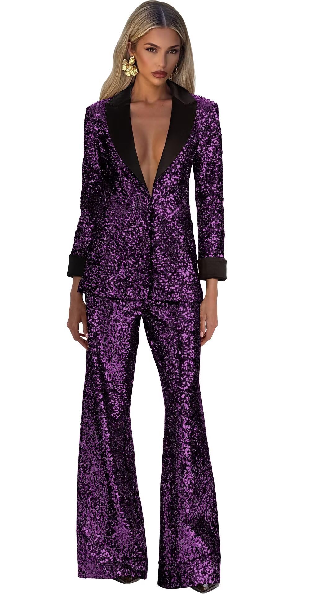 Plum Suits for Women Blazer and Pants Set Shiny Sequin Formal Tuxedo 2 Pieces Jacket Prom Pant for