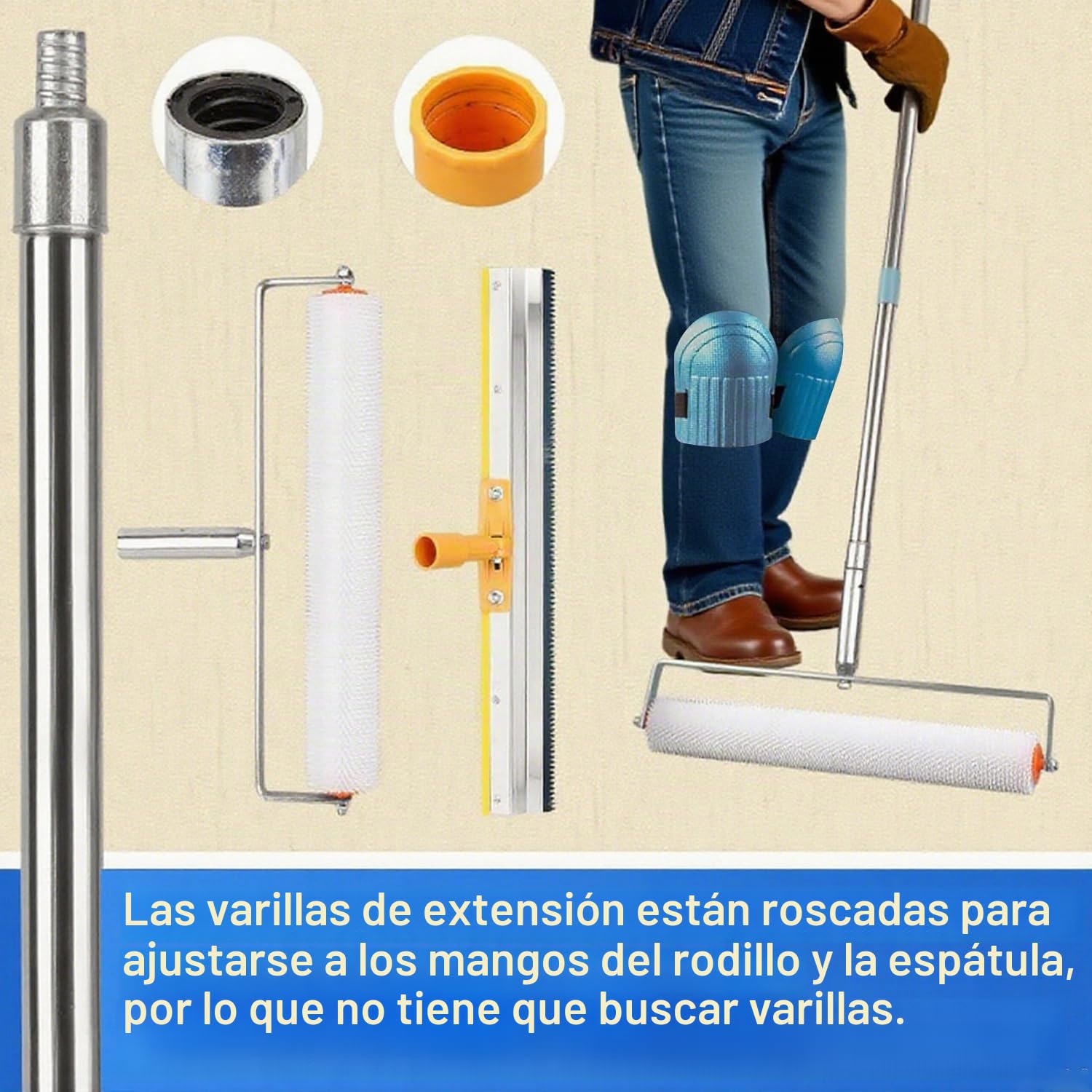 Kit Completo de Herramientas para Cemento Autonivelante con Rodillo de Púas Autonivelante, Rascador de Acero Inoxidable, Rastrillo, Palo Telescópico y Rodilleras