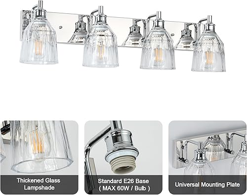 Miniatura 5 de 4 lámparas de baño, modernas luces cromadas para tocador de baño, accesorios de iluminación sobre espejo con pantalla de vidrio grueso para armario,