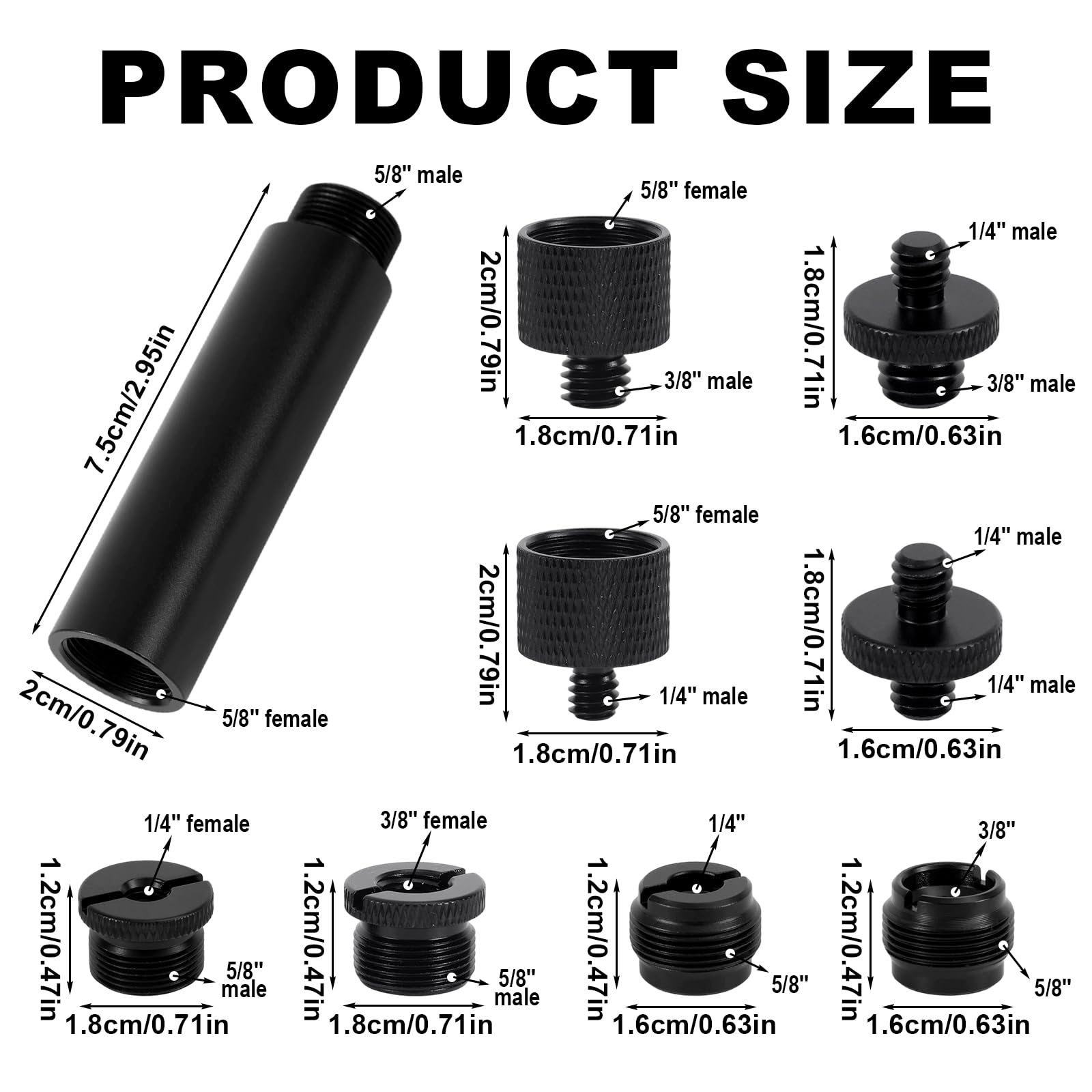 13pz Adattatore per Supporto Microfono Viti con Tubo di Prolunga, Lega Alluminio Convertitori di Filettatura da 3/8" a 5/8" e 1/4" per Braccio Microfono Treppiede Fotocamera Luce Riempimento
