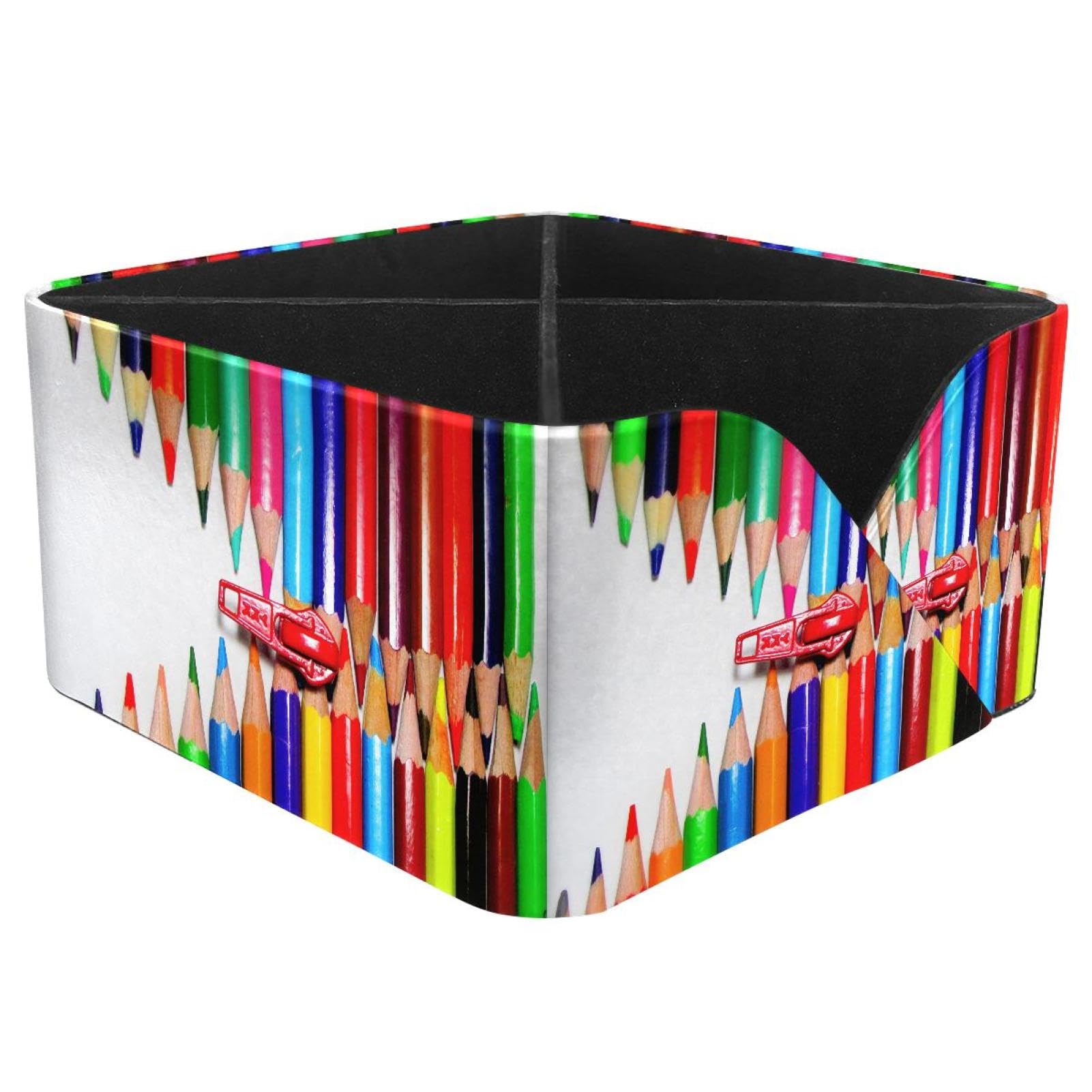 KengjuTesu Rainbow Crayon Red Zipper Desktop Organizer Pen Holder, Rectangular Pencil Cup for Office, Study and Makeup Stations