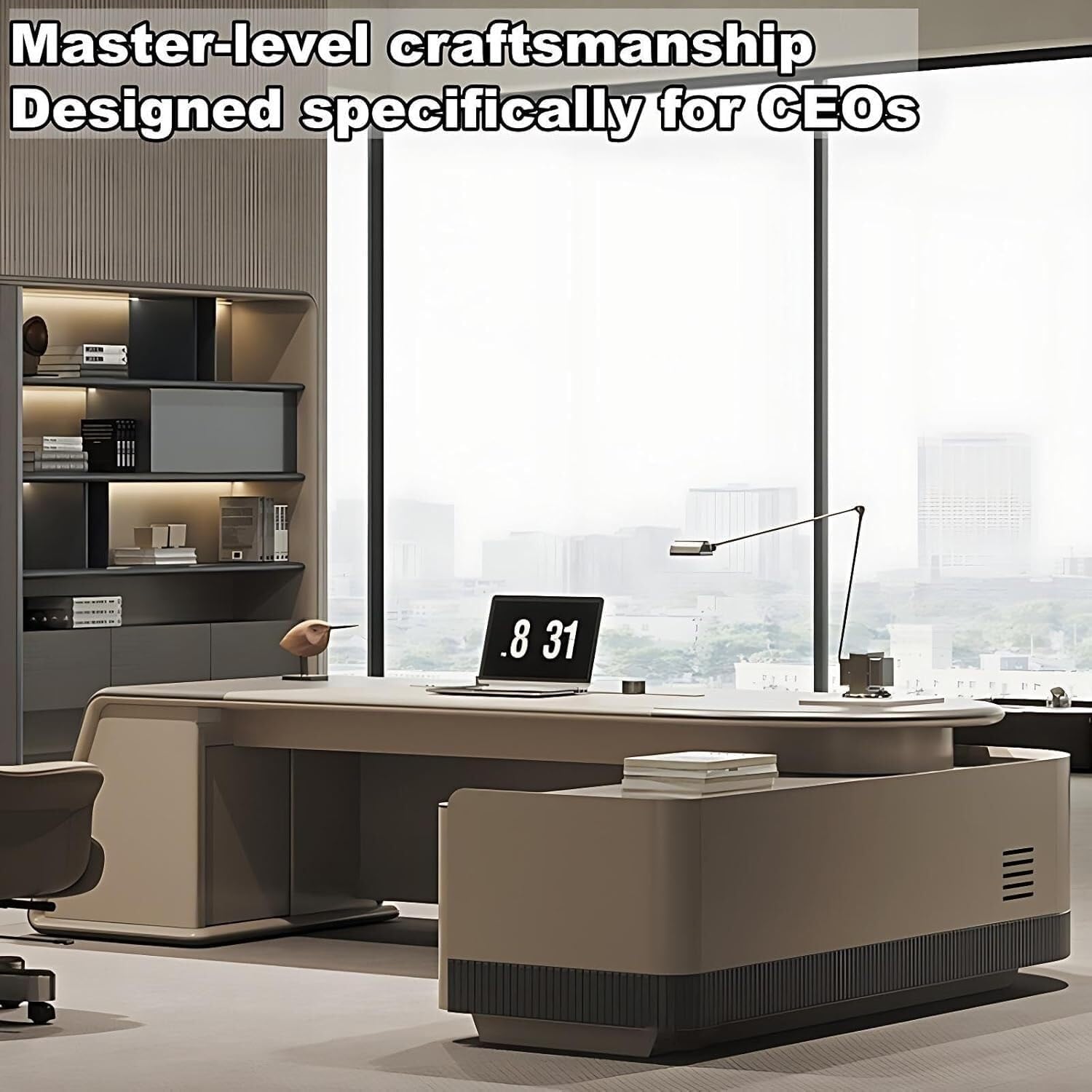 Executive L-Shaped Office Desk - Large Corner Home Office Desk with Lockable Storage Drawer & Pro Ventilation CPU Cabinet(Left Cabinet,86.6")