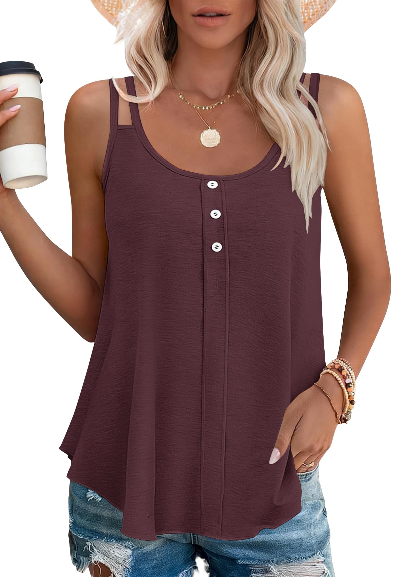 PLOKNRD Women's Vest Tops - Spaghetti Strap Camisole Sleeveless Button Tank Tops(Burgundy,XXL)