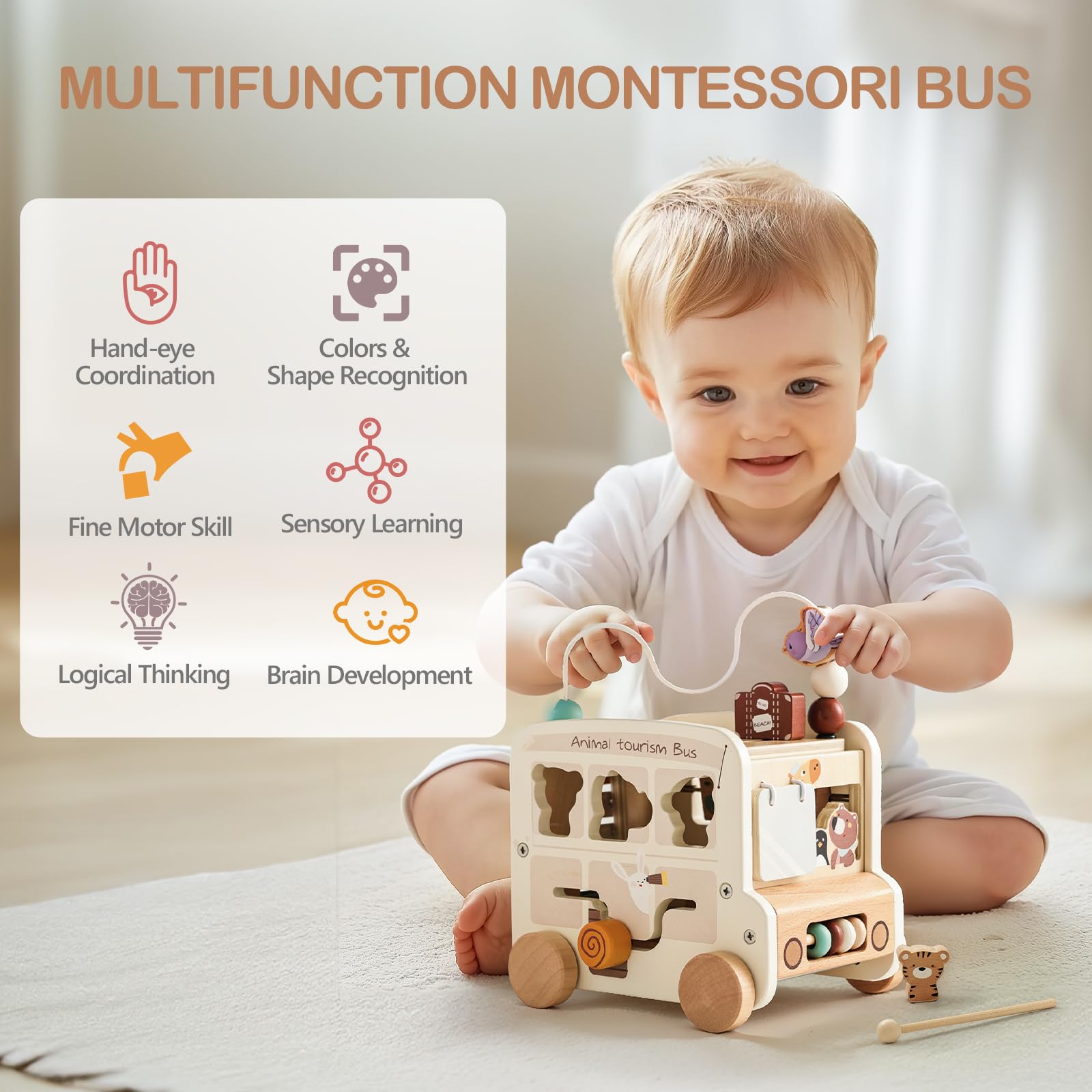 OESSUF Cubo Motore Baby Montessori 9 in 1 Autobus per 12 Mesi di Attività, Giocattolo in Legno per Bambini da 1 Anno, Regalo per Ragazze e Ragazzi