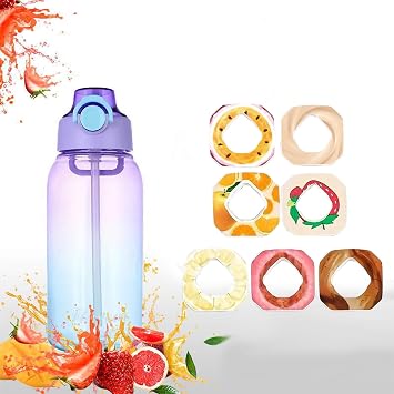 Bornoon 3.8 fl oz 1 L Taste-Changing Water Bottle with Flavor Straw, Graduated Design Plastic Water Bottle, 7 Random Fruit Flavor Pods Included, 0 Sugar 0 Calorie for Students and Men Gradient violet-blue