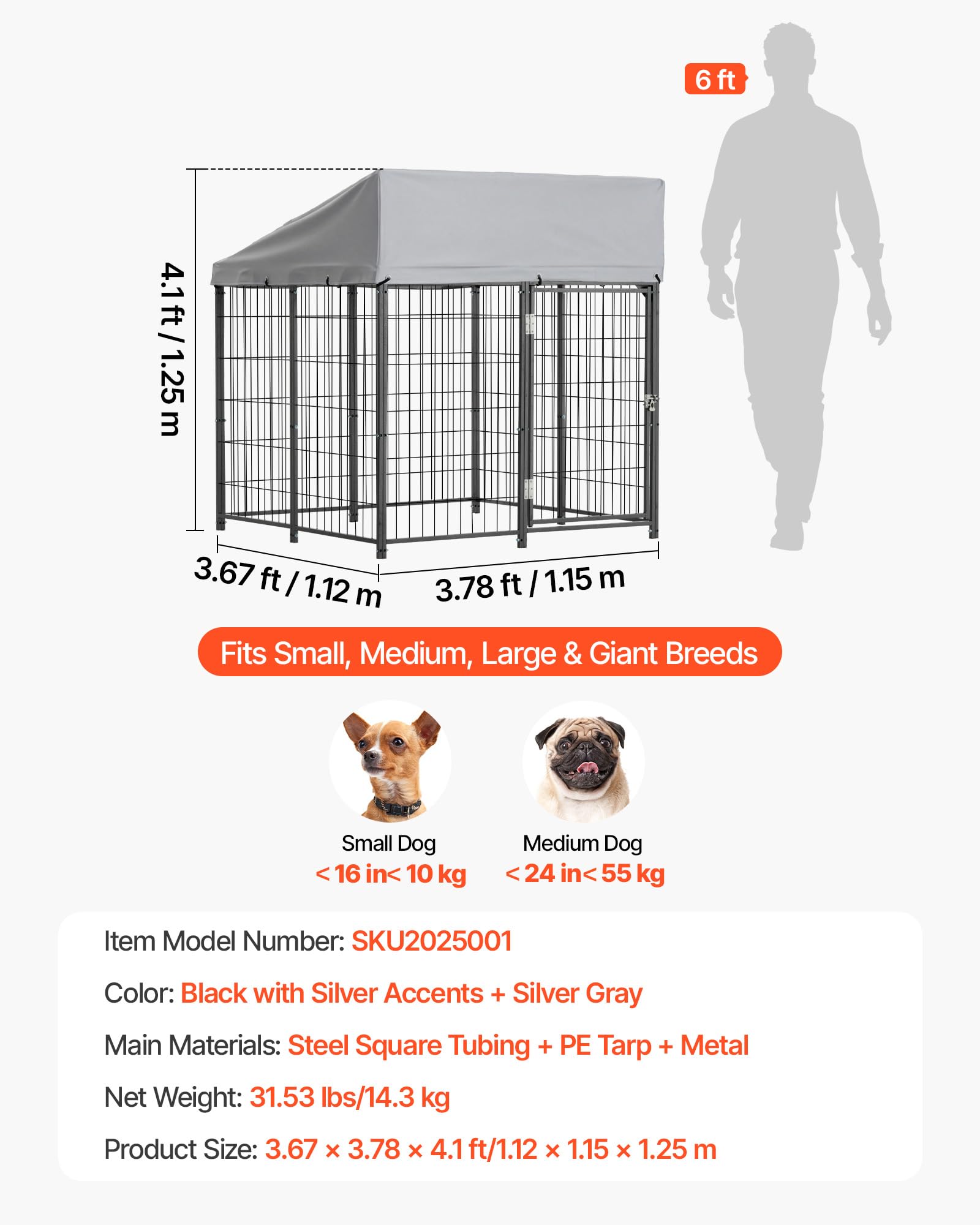 VEVOR Perrera de Exterior, 1,12 x 1,15 x 1,25 m, Parque para Perros con Cerradura y Toldo, Anti-UV Impermeable, Marco Metálico, Caseta de Malla para Perros Medianos en Patio Jardín Terraza, Negro