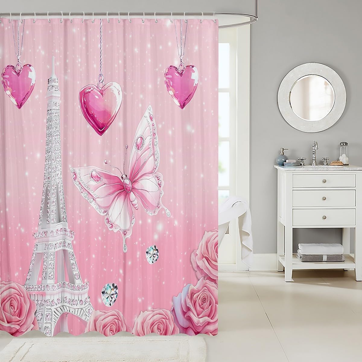 Erosebridal Pink Paris Shower Curtain Set,Eiffel Tower Rose Bathroom Decor for Girls Kids,Pink Floral Butterfly Bathroom Set,Princess French Style Fabric Shower Curtain 72" Wx78 L