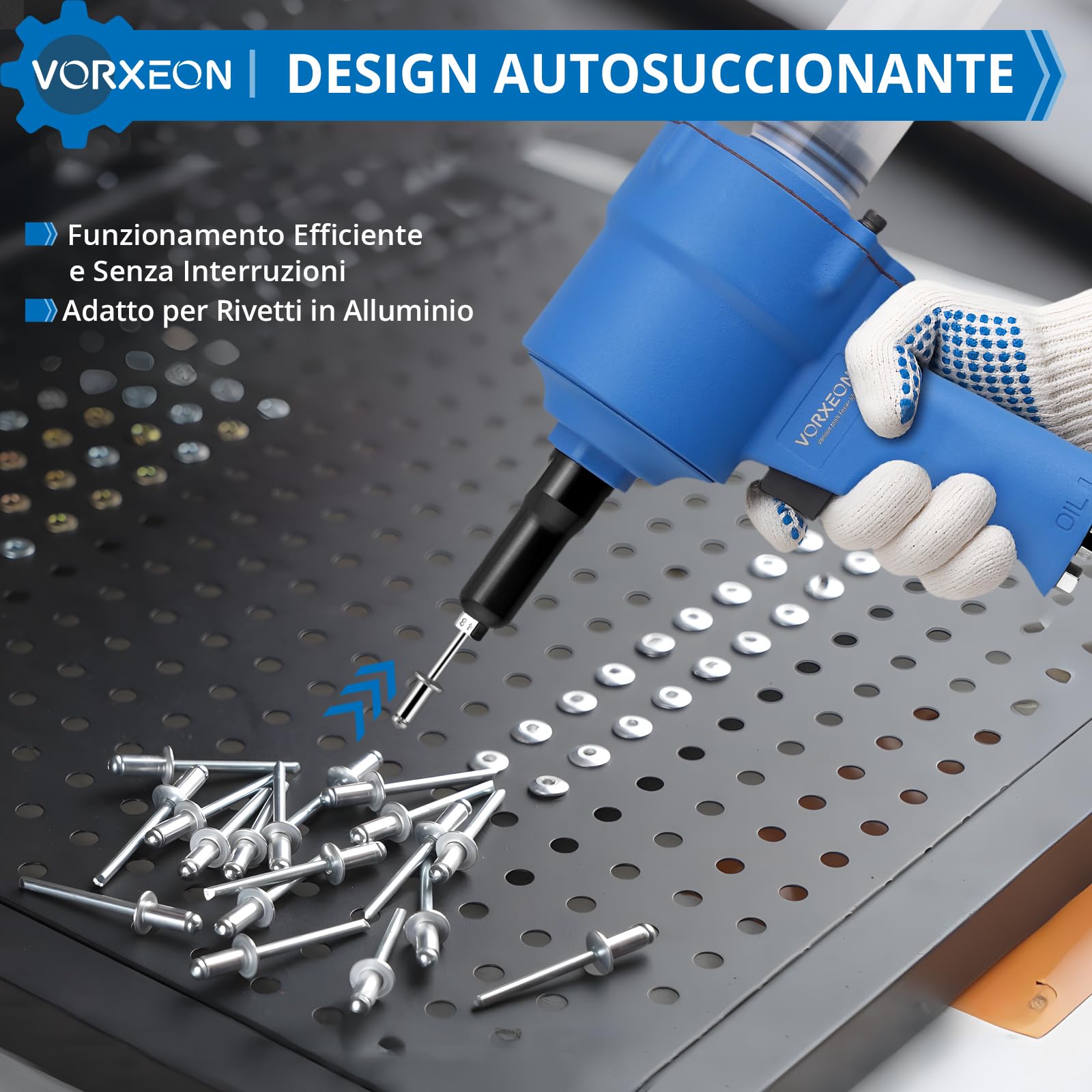 Set Rivettatrice Pneumatica Autoaspiranti, Forza di Trazione 1000KGF Con 4 Bocchette (2,4 mm, 3,2 mm, 4,0 mm, 4,8 mm) Pistola Rivettatrice ad Aria Compressa per Uso Domestico