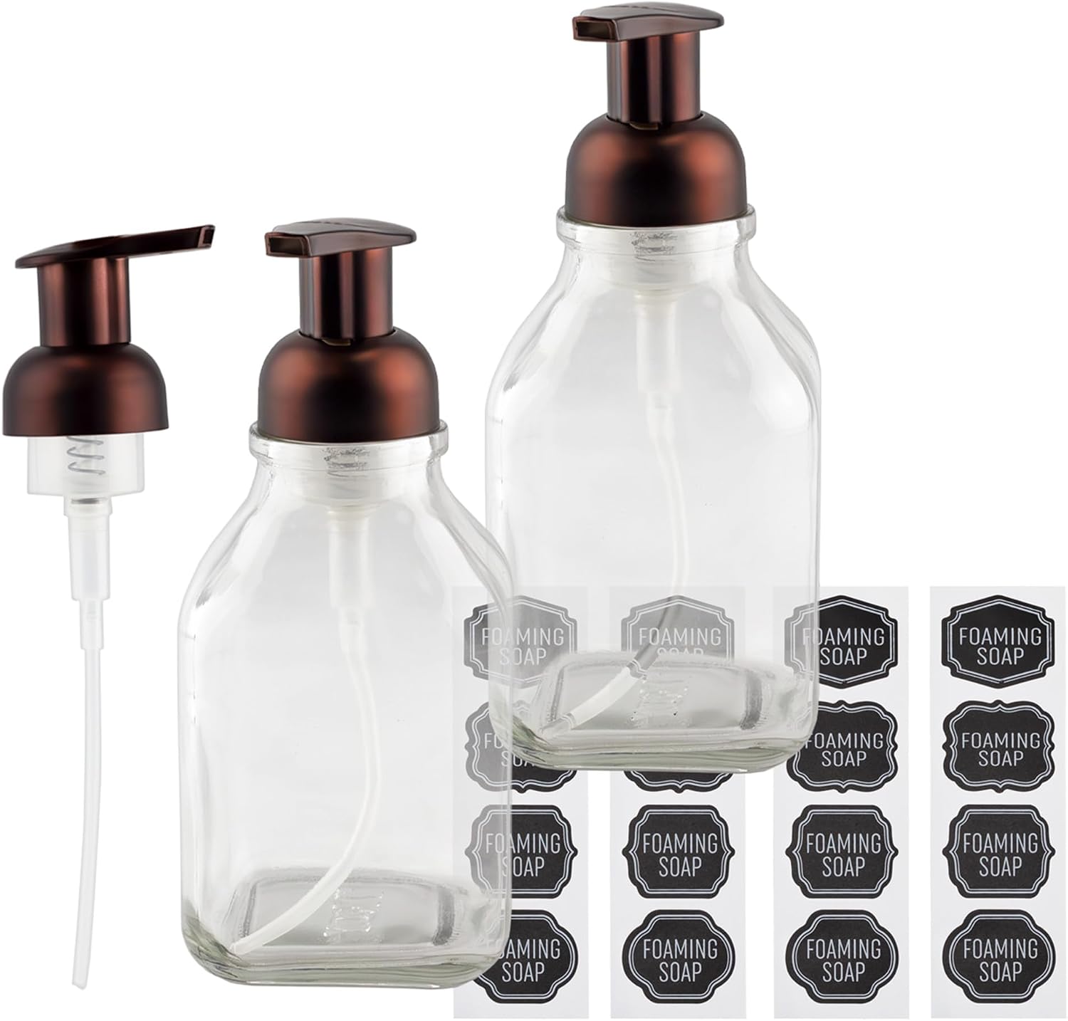 Cornucopia Brands 16-Ounce Square Glass Foaming Soap Dispensers (2-Pack, Clear Bottle w/Bronze Color Pump)
