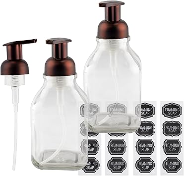 Cornucopia Brands 16-Ounce Square Glass Foaming Soap Dispensers 2-Pack, Clear Bottle w/Bronze Color Pump
