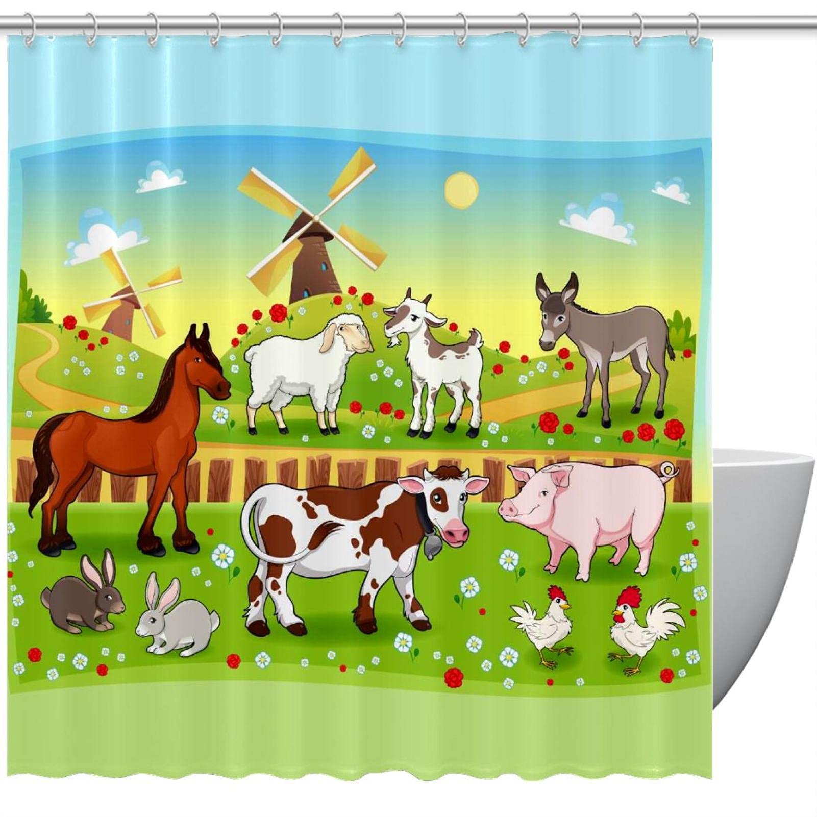 Rideau de douche animaux de la ferme imperméable anti odeur 152x183