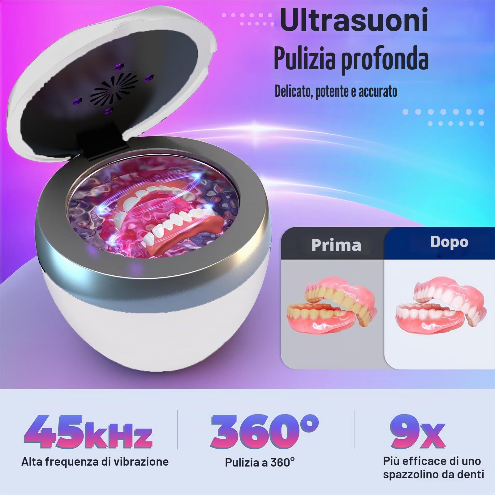 Pulitore ad ultrasuoni 45 kHz, UV a ultrasuoni, 35 W, per la pulizia e la deodorizzazione, pulitore ultrasonico per allineatori, protesi dentali, 200 ml