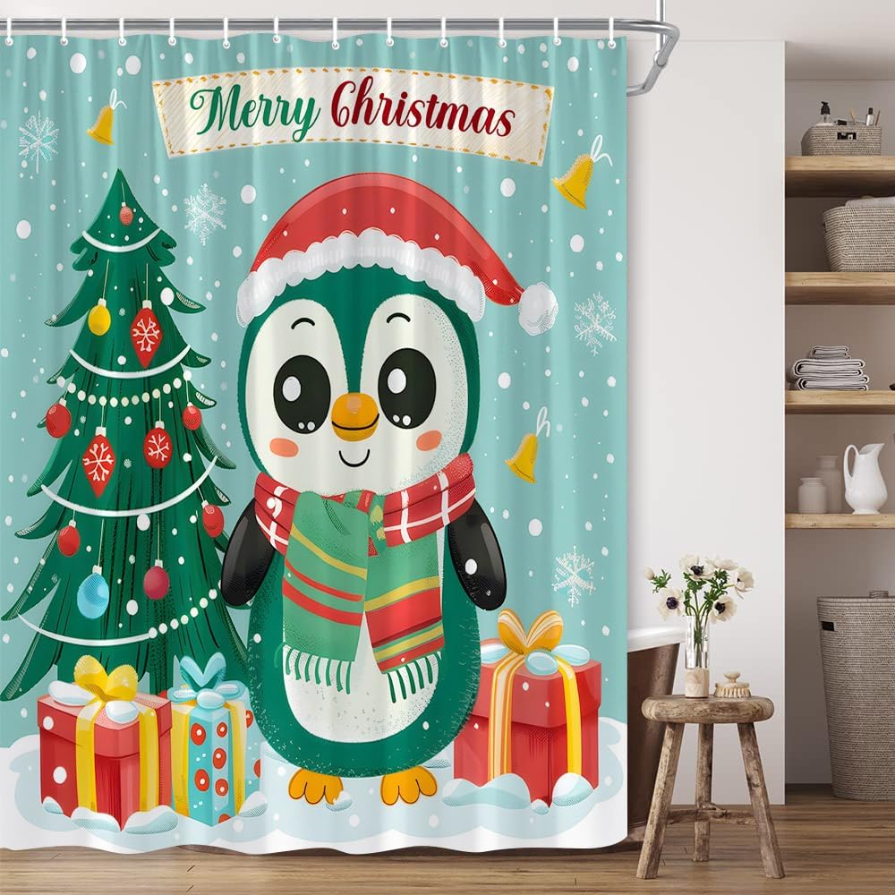 Merry Christmas Shower Curtain Cute Penguin with Xmas Hat Pine Tree Snowflake Bell Western Winter Holiday New Year Decor Polyester Fabric Bathroom Decor 70×96 Inch with Hook