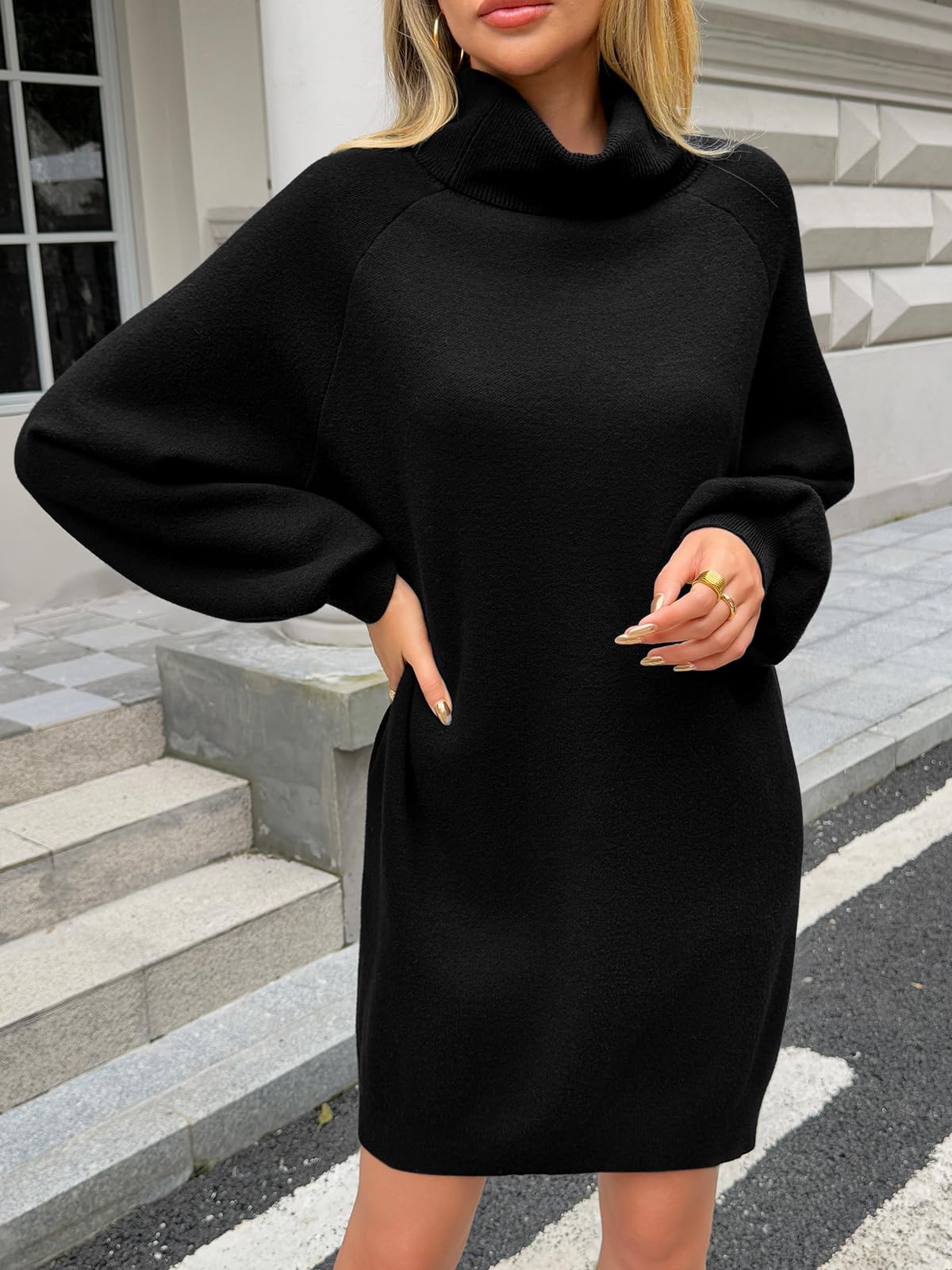 Saodimallsu Robe en tricot surdimensionnée pour femme - Col roulé - Manches longues - Couleur unie - Élégante - Mini robe de Noël - Manches lanternes - Robe d'hiver