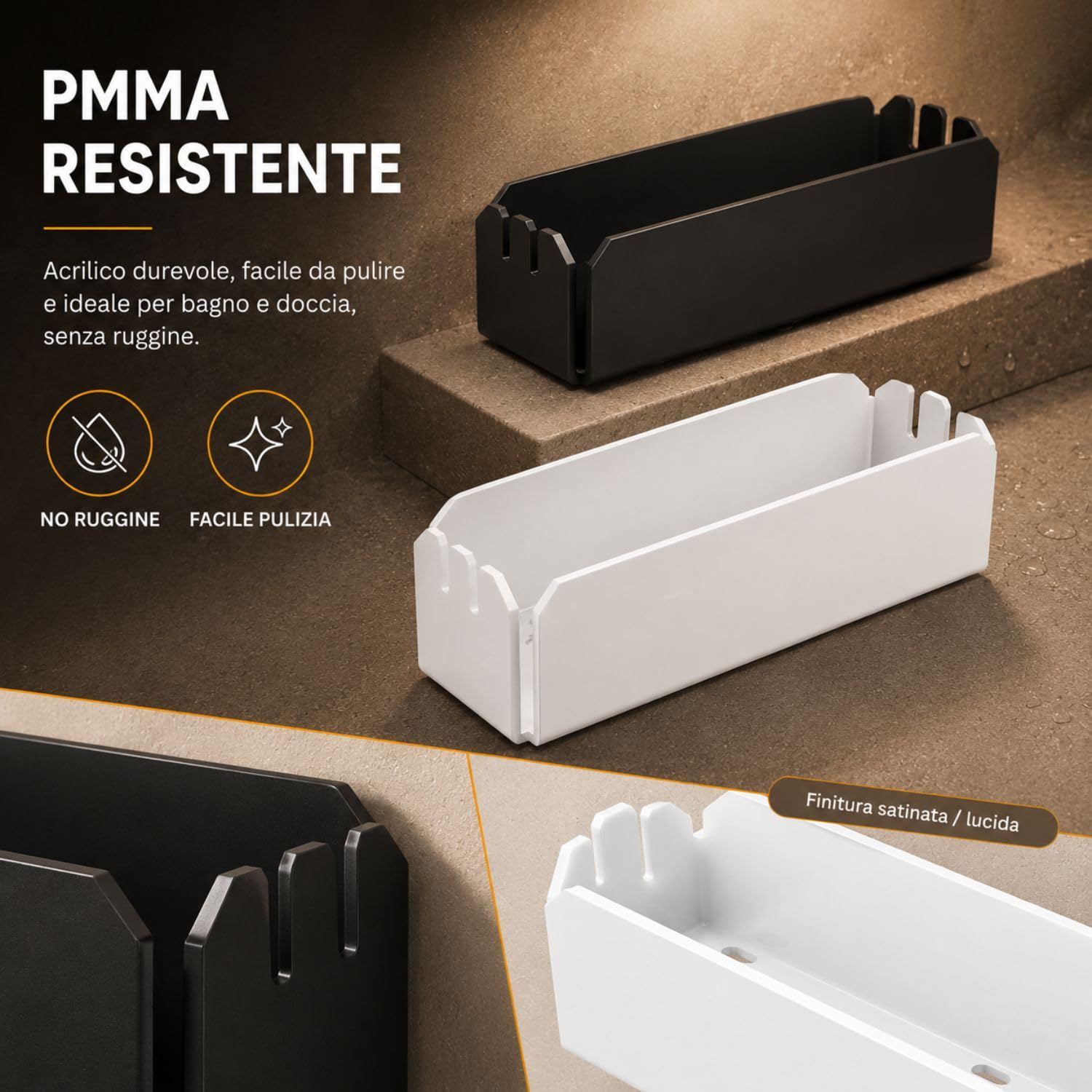 Agplex Mensola Doccia Senza Foratura 30 cm Bianco Lucido, Porta Shampoo Doccia Senza Forare in Acrilico PMMA, Portasapone Doccia Senza Forare con Portaspugna, Supporto Bagno Adesivo Senza Fori