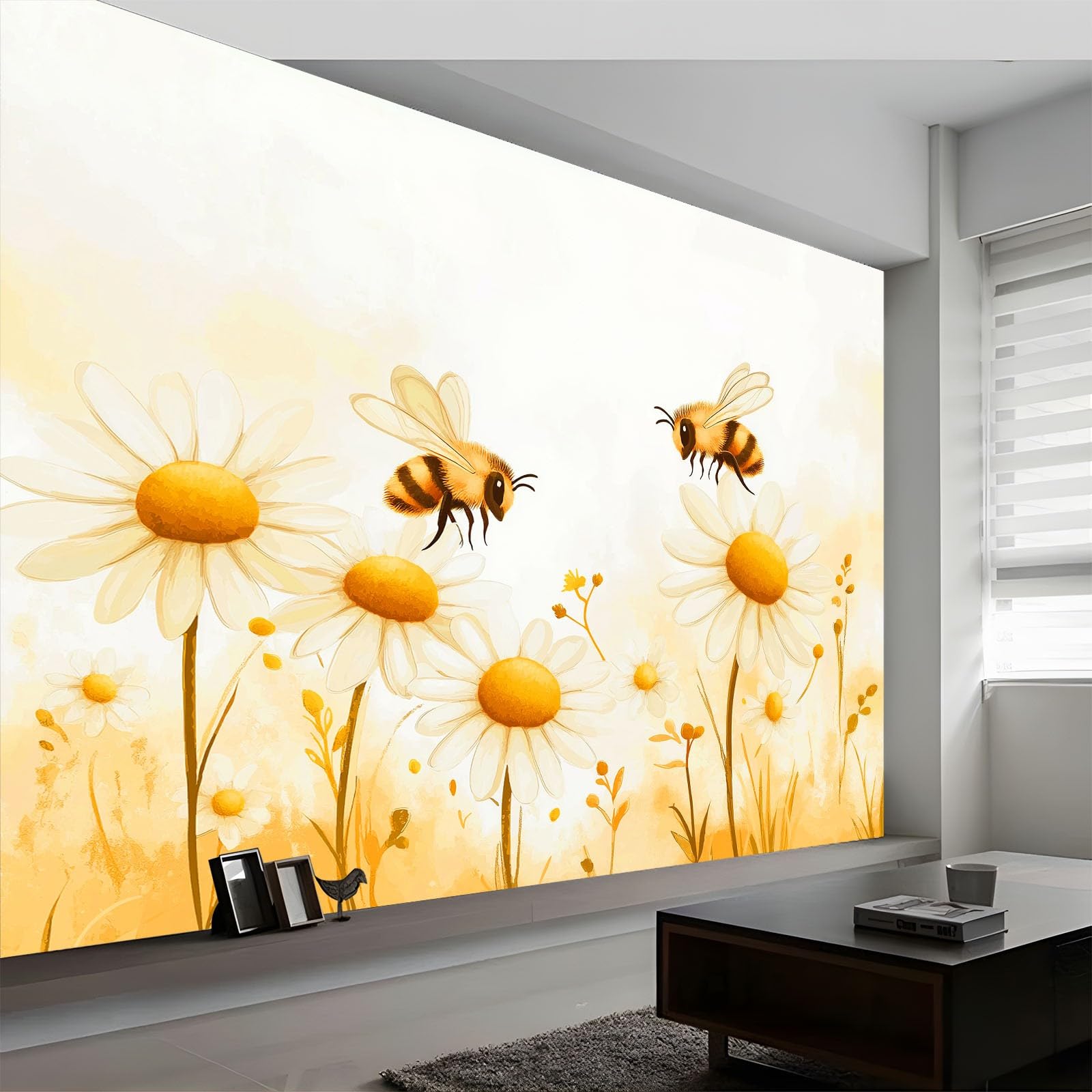Jasnożółta tapeta ścienna mural owad kreskówka pszczoła stokrotki, wysokiej jakości tapeta z włókniny mural do sypialni, salonu, dekoracja ścienna, 300 x 210 cm, druk artystyczny, papier fotograficzny