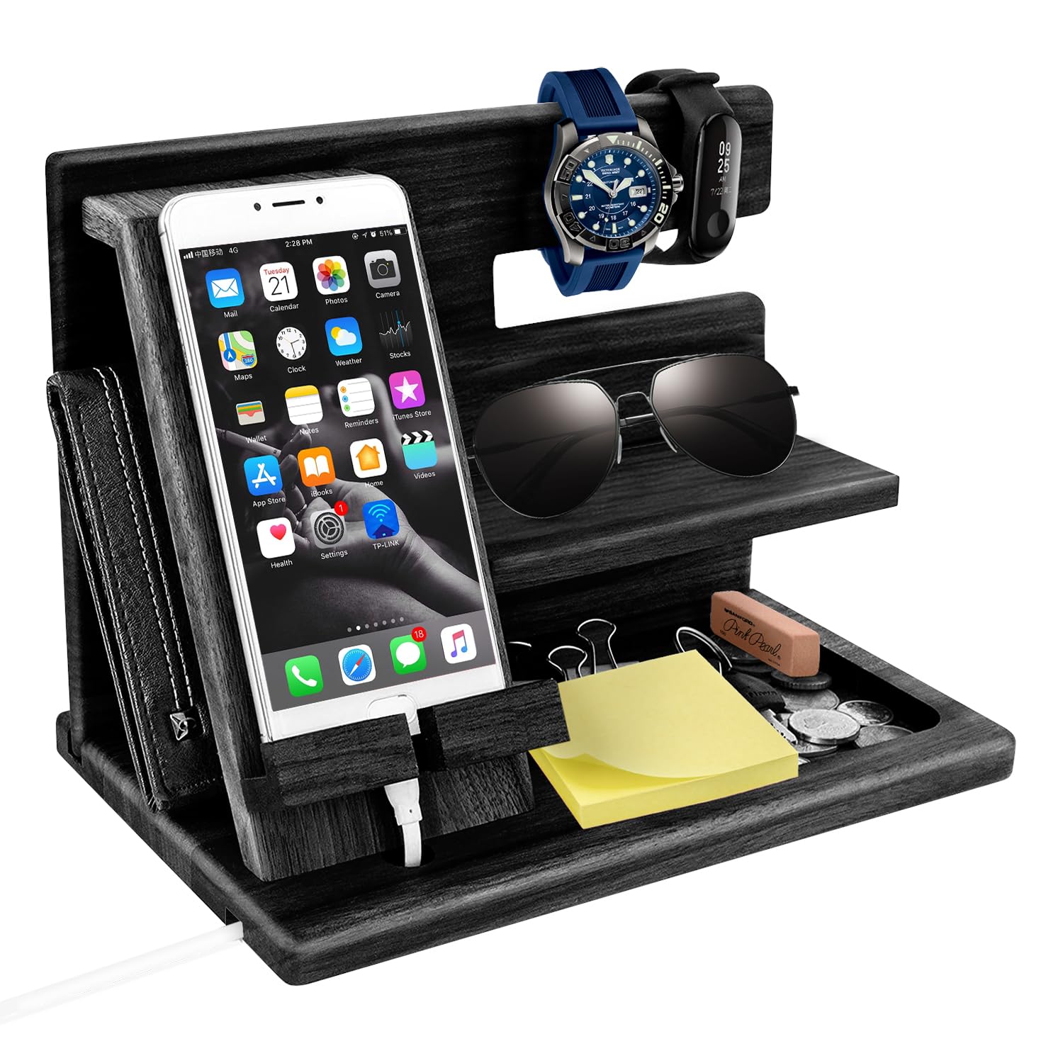 Organisateur De Table De Nuit En Bois - Support Téléphone, Rangement Montre, Portefeuille Et Lunettes, Design élégant