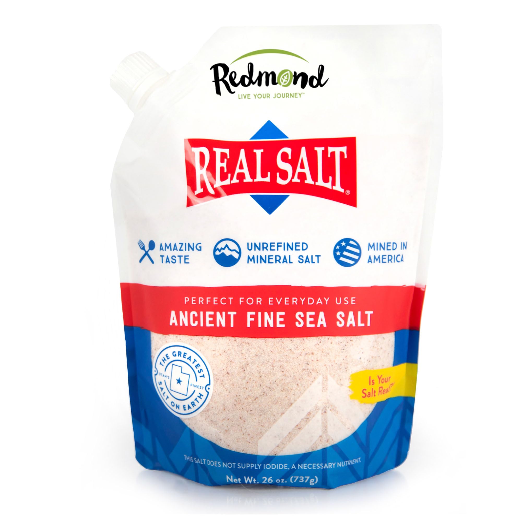 Redmond Real Salt Fine Salt, worek uzupełniający 737 g - czysta, naturalna, oryginalna sól morska z Utah, nieoczyszczona, średnioziarnista, bogata w minerały