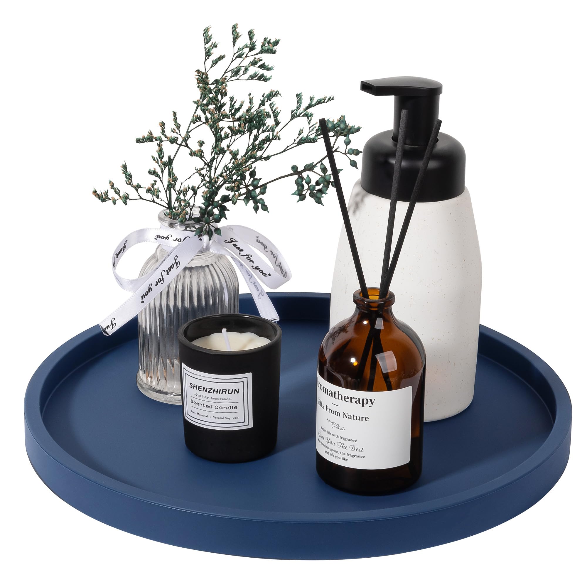 Silicone Bathroom Tray Round Vanity Tray Decorative Soap Holder Kitchen Countertop Organizer Coffee Table Decor for Candle, Perfume, Plant, 11 Inch, Dark Blue