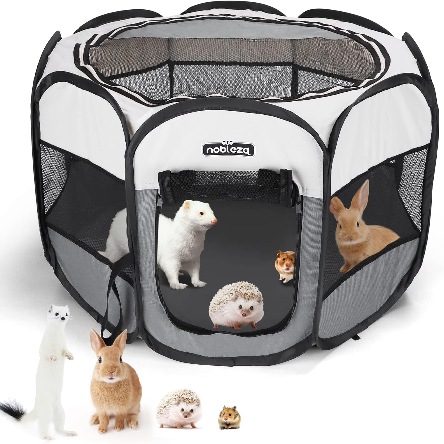 Nobleza Pet Playpen Portable Foldable Dog Cat Puppy Pen for Indoors Outdoor Pop Up Pet Fence Breathable Mesh Pet Carrier Kennel Soft Cage Tent for Rabbit Hamster Guinea Pig Beige Gray,24.4x24.4x17.7in