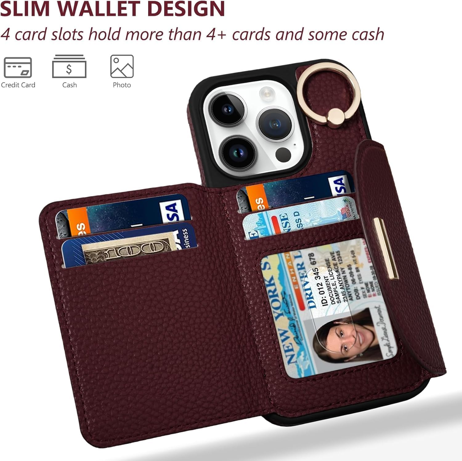 keallce wallet case for iphone 16 pro 6.3'', flip case with card slots, ring holder kickstand, pu leather protective folio cover for women, red 6.3'' iphone 16 pro red