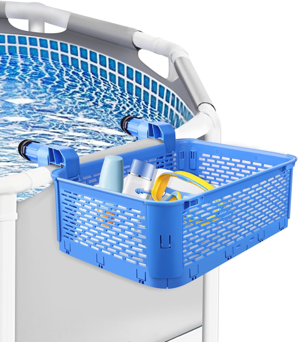Poolside Storage Basket - Above Ground Pool Accessories, Fits Frame Pools Top Bar 2.3 Inch or Less, Load Capacity Up to 33lbs, for Most Above Ground Pool (Blue)