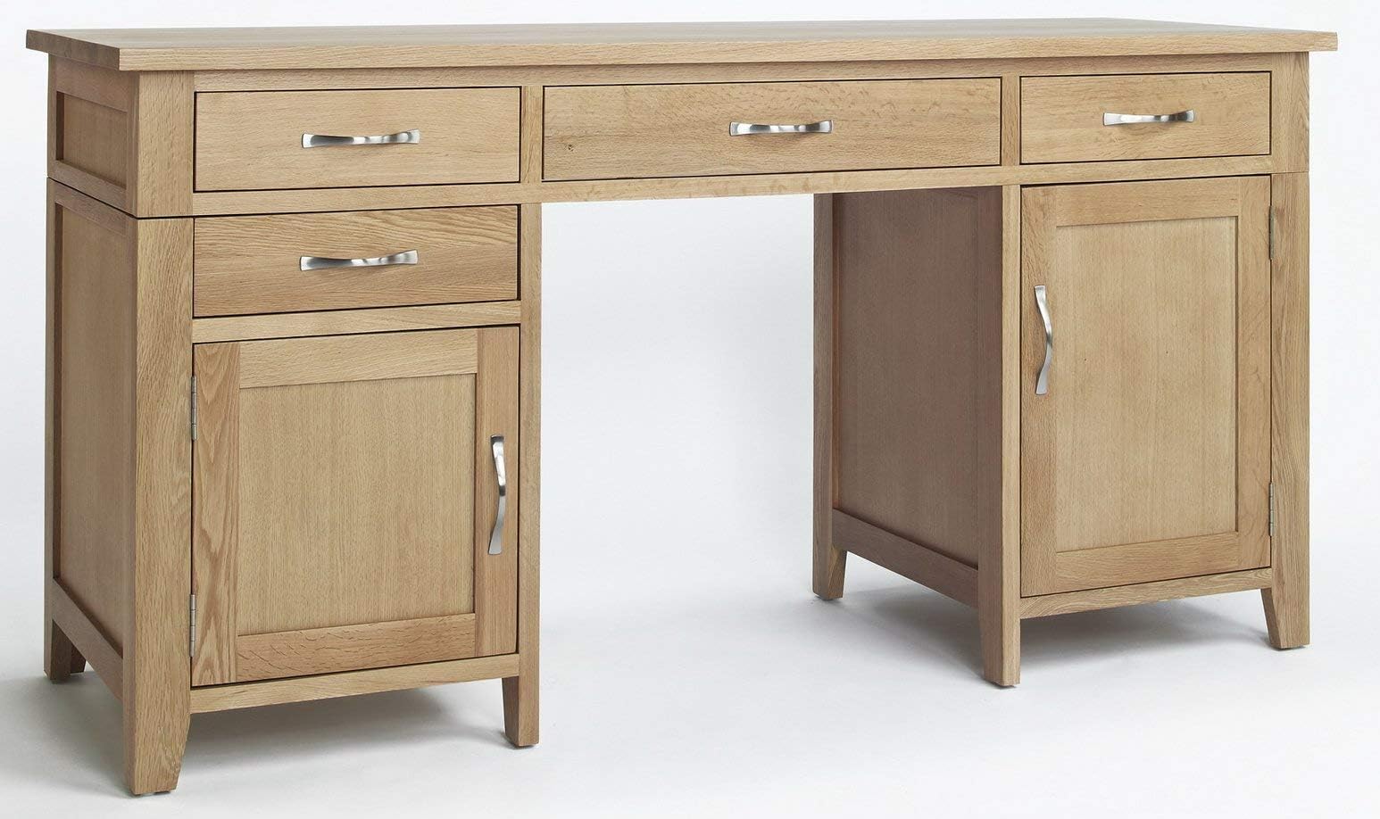 Camberley Oak 2 Door 4 Drawer Double Pedestal Computer Desk in Light Oak Finish | Wooden Dressing Table with Storage