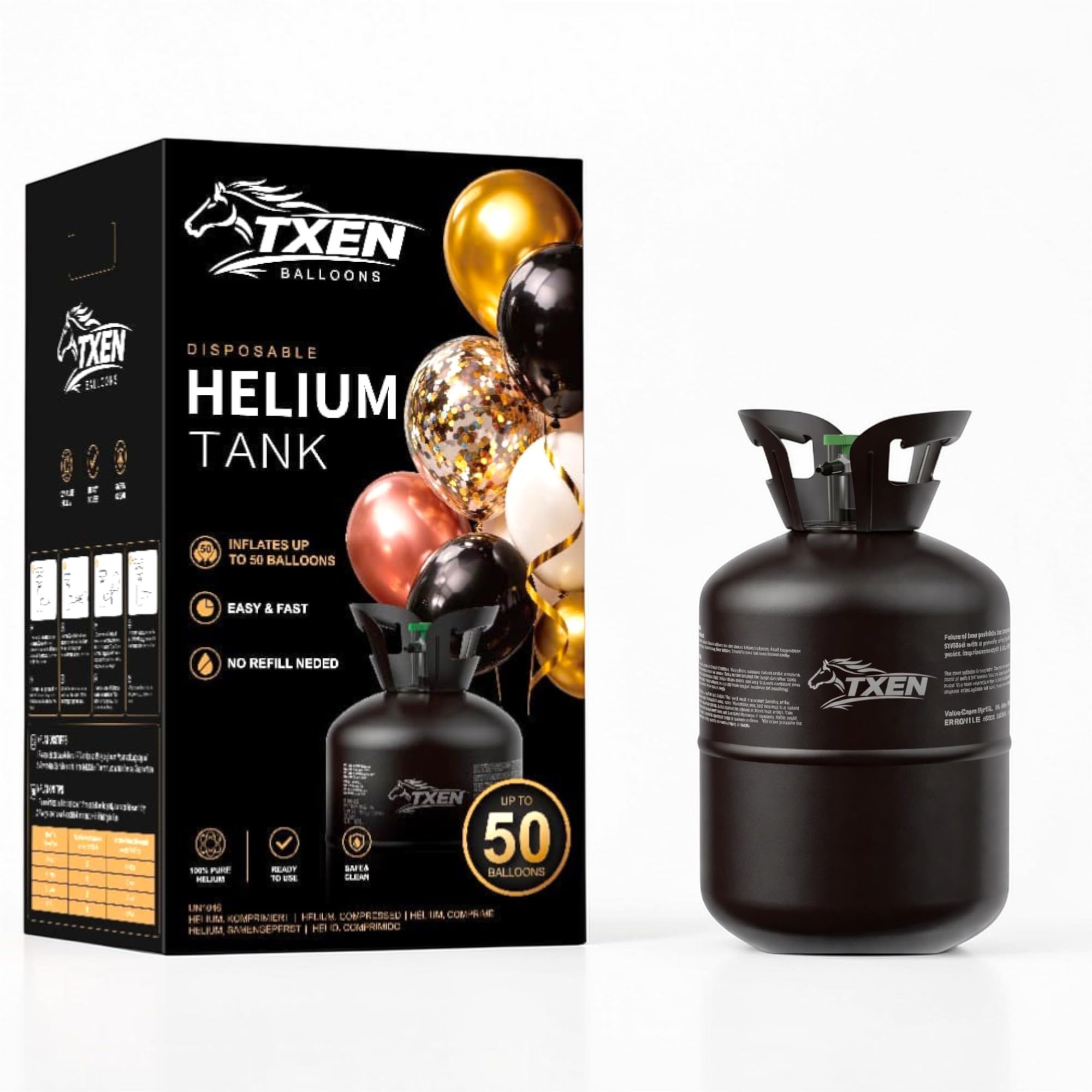 TXEN Disposable Helium Tank 13L, Helium Balloon Canister for Parties, Fills Up to 50 Latex Balloons, Includes 50 Balloons & Ribbon, Portable Helium Gas for Birthday, Wedding, Baby Shower & Events