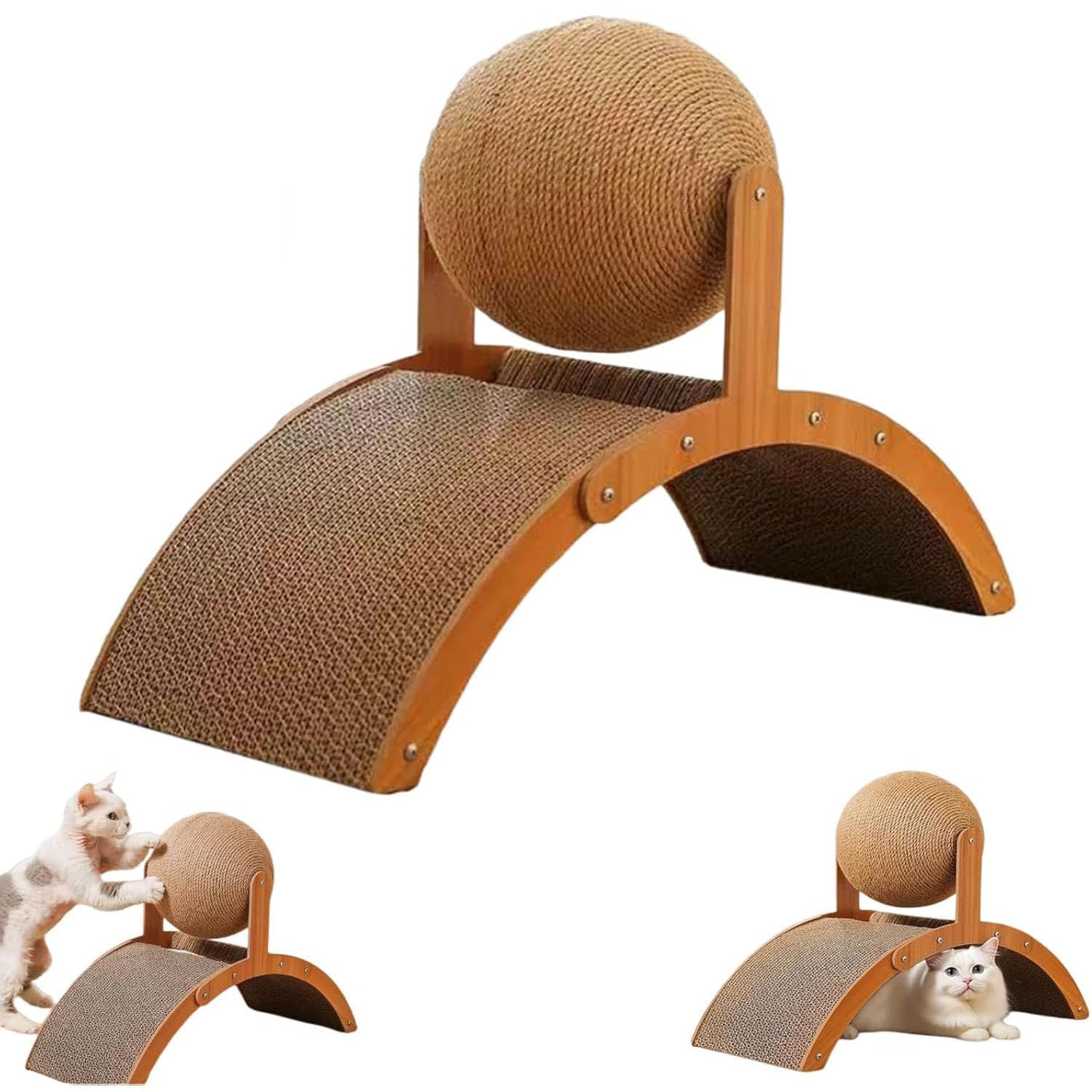 Cat Scratcher with Hanging Sisal Ball, Arched Bridge Design Cat Scratching Board, Interactive Cat Scratching Toy for Indoor Cats, Durable Cardboard Cat Furniture Protector (35 * 15 * 26cm)