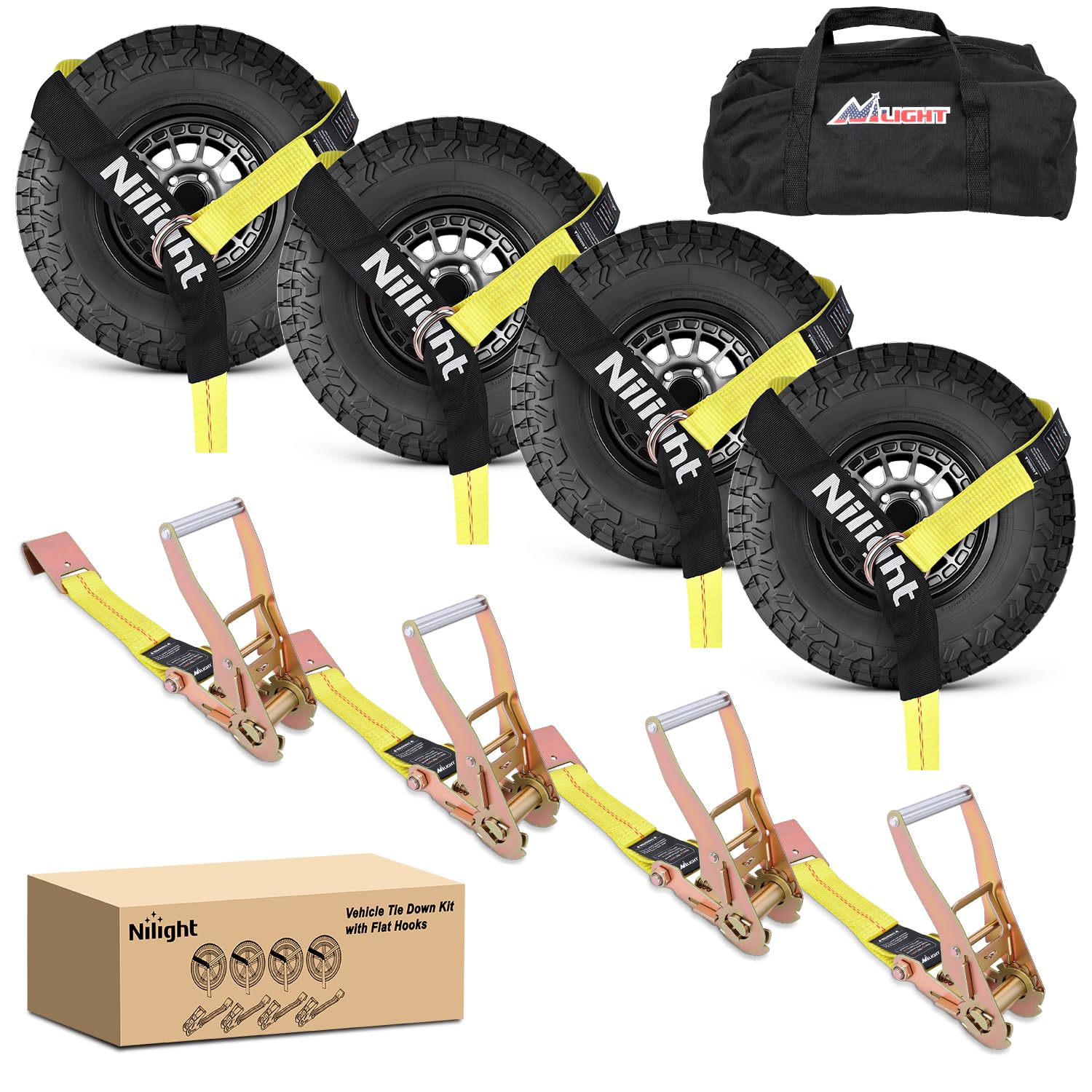 Nilight 4 Pack 2" x 10' Car Tie Down Straps with Flat Hooks Heavy Duty Adjustable Wheel Ratchet Straps for Hauling UTV, SUV, Truck 10000lbs Break Strength Side by Side Tie Downs Storage Bag Included