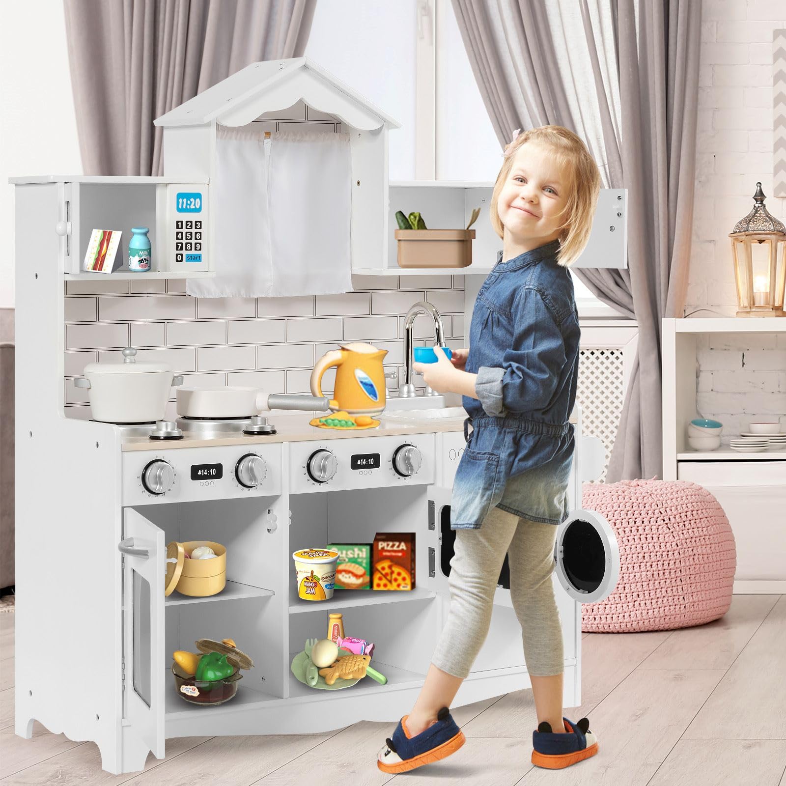 HOMASIS Cucina in Legno per Bambini con Rubinetto, Lavello e Forno - Giocattolo educativo per 3+ anni, Bianco