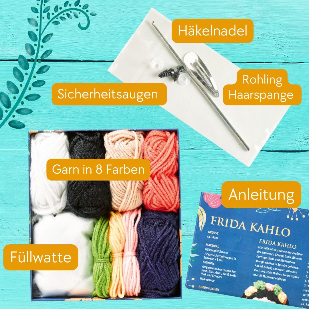 Frida Kahlo Häkelset: Häkelset mit Anleitung und Material für Frida Kahlo und Haarspange zum Selber-Häkeln. Fertiges Modell ca. 14 cm