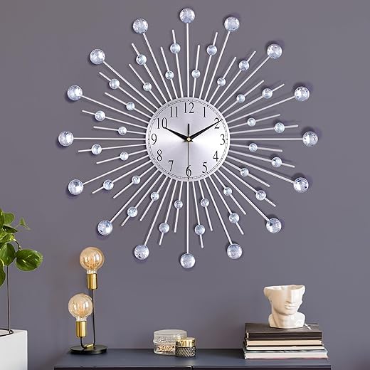 Lafocuse 23 Inch Silver Large Wall Clock for Living Room Décor, Modern Starburst Decorative Wall Clocks with Bling Crystal Accents, Metal