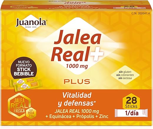 Juanola Jalea Real Plus - Complemento alimenticio con jalea real fresca, equinácea, própolis y zinc. Vitalidad y defensas. 28 sticks bebibles
