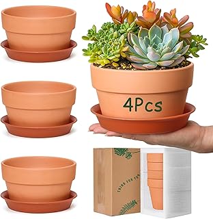 T4U 6 Inch Shallow Terracotta Pots, 4 Pcs Large Clay Pots for Plants wit...