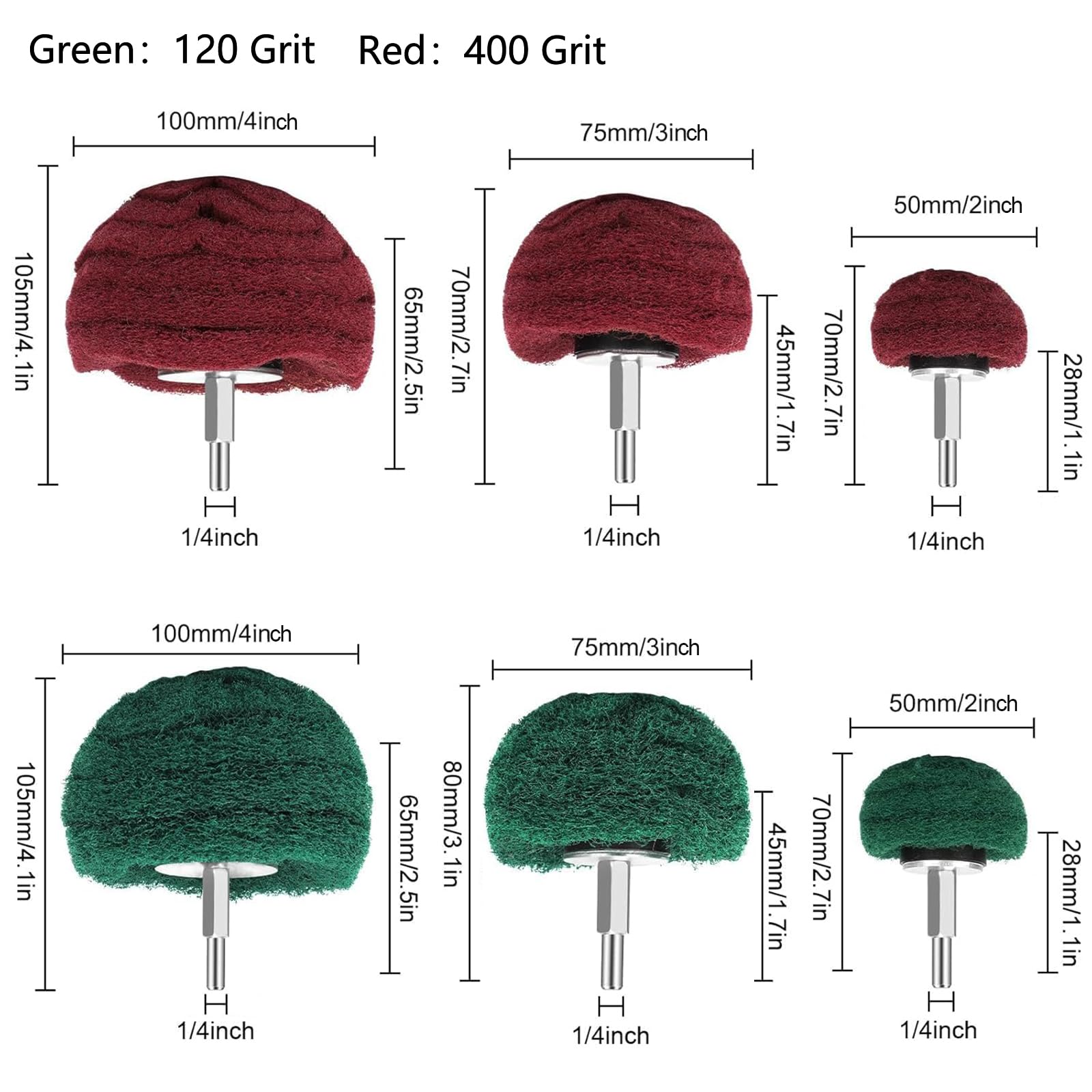 Testina abrasiva per lucidatura, spugna abrasiva modellata, set da 6 pezzi verde e rosso non tessuto, con manico da 1/4 pollici per collettore/alluminio/acciaio inossidabile/cromo
