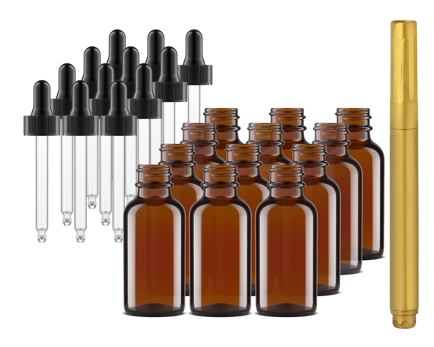 Culinaire 12 Pack Of 1 oz Amber Glass Bottles with Dropper Tops and Gold Glass Pen