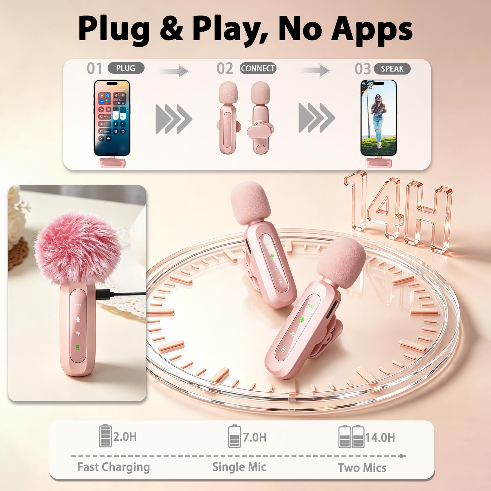 Microfono rosa per iPhone e connettore USB-C, microfono lavalier con cancellazione del rumore, display a LED e clip girevole, ideale per vlog, TikTok e creazione di contenuti