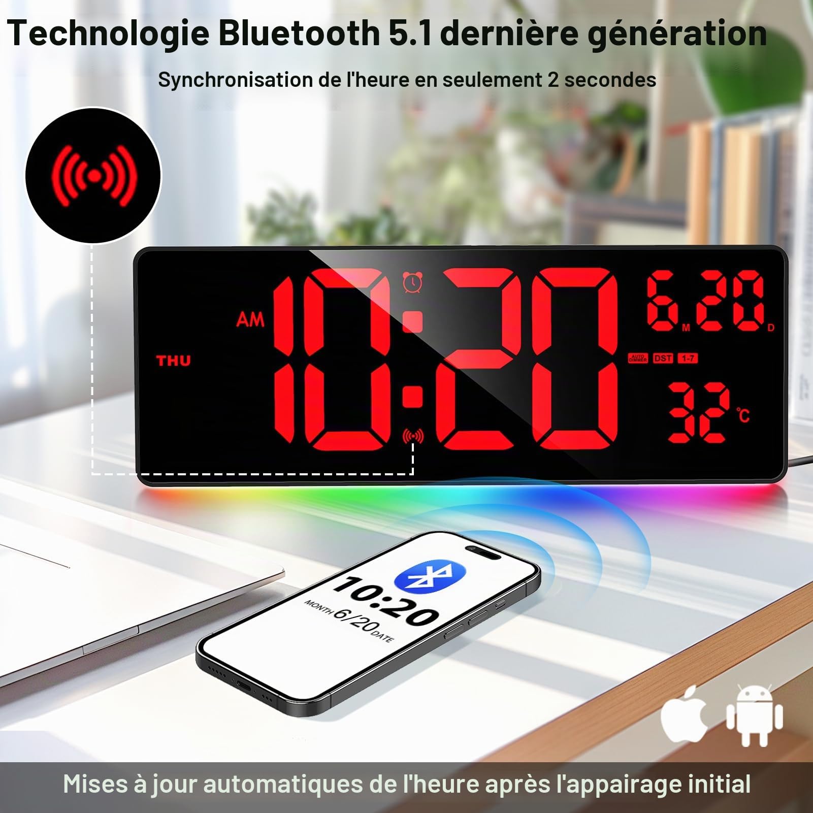 XREXS Horloge Murale 16,5" Écran Rouge Barre Lumineuse Colorée