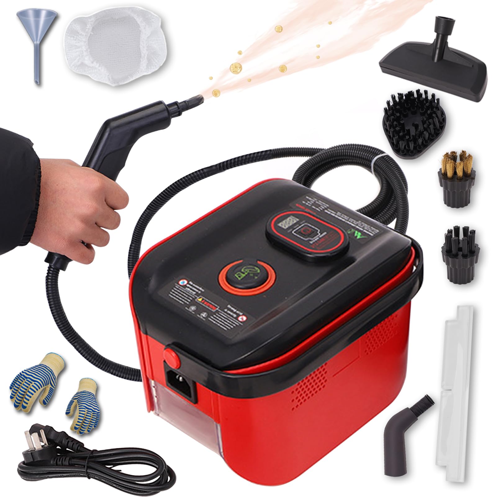 Steam Cleaner, 1500W Powerful Multipurpose Power Steamer, Heavy Duty Canister Steamer, 13s Heat-Up, 1.2L Tank, 3-Level Adjustable Handle with Accessories for Home, Car, Dirt (Red)