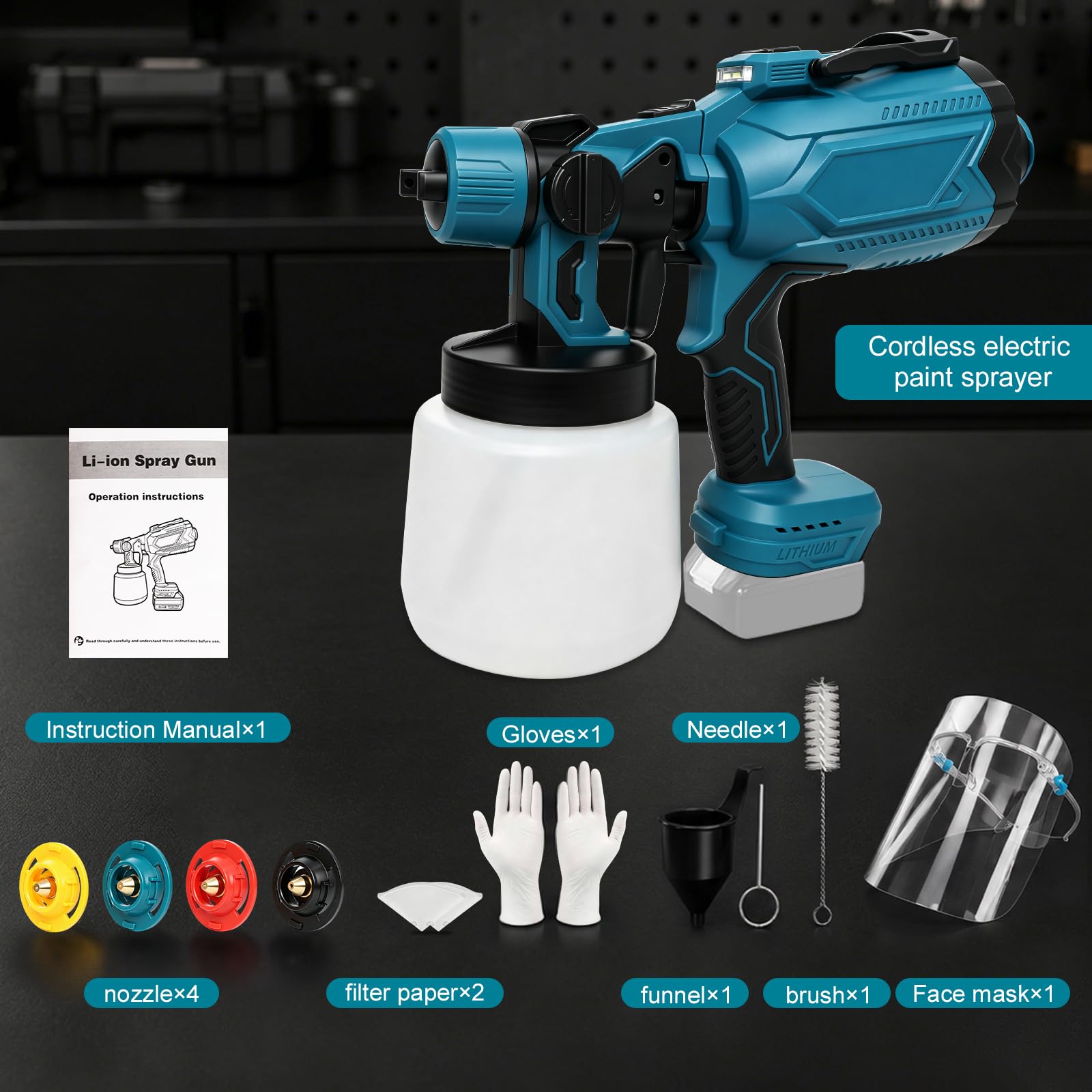 Akumulatorowy system natryskowy kompatybilny z akumulatorem Makita 18 V, pistolet natryskowy z pojemnikiem na farbę 1000 ml, pistolet lakierniczy z 4 dyszami i 3 wzorami natryskowymi, pistolet