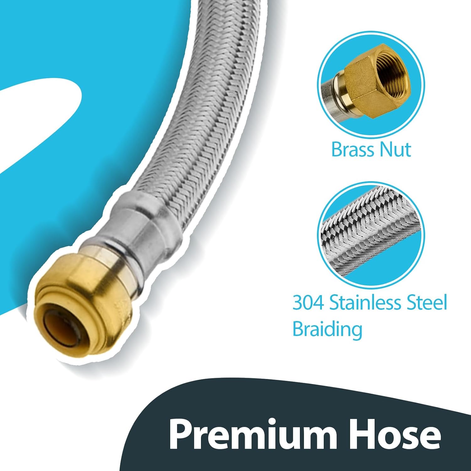 (5 Pack) Seelink 12-Inch Stainless Steel Flexible Water Heater Hose, 1/2" Push-Fit x 3/4" FIP, Push-to-Connect for Copper, PEX, and CPVC