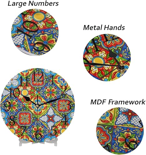 Miniatura 6 de Reloj de pared con azulejos de cerámica mexicana, silencioso, sin tictac, mandala de flores, reloj de pared redondo, funciona con pilas, decoración