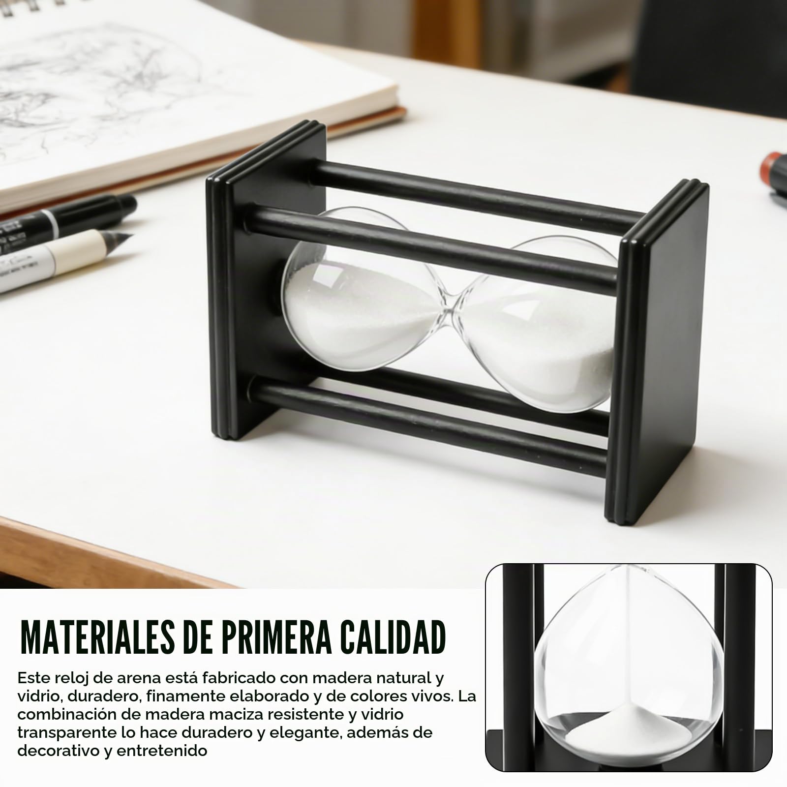 Reloj de arena de 60 minutos: marco de madera en blanco y negro con temporizador de reloj de arena, temporizador Hourglass de cristal de arena de 1 hora para oficina, salón, aprendizaje, cocina